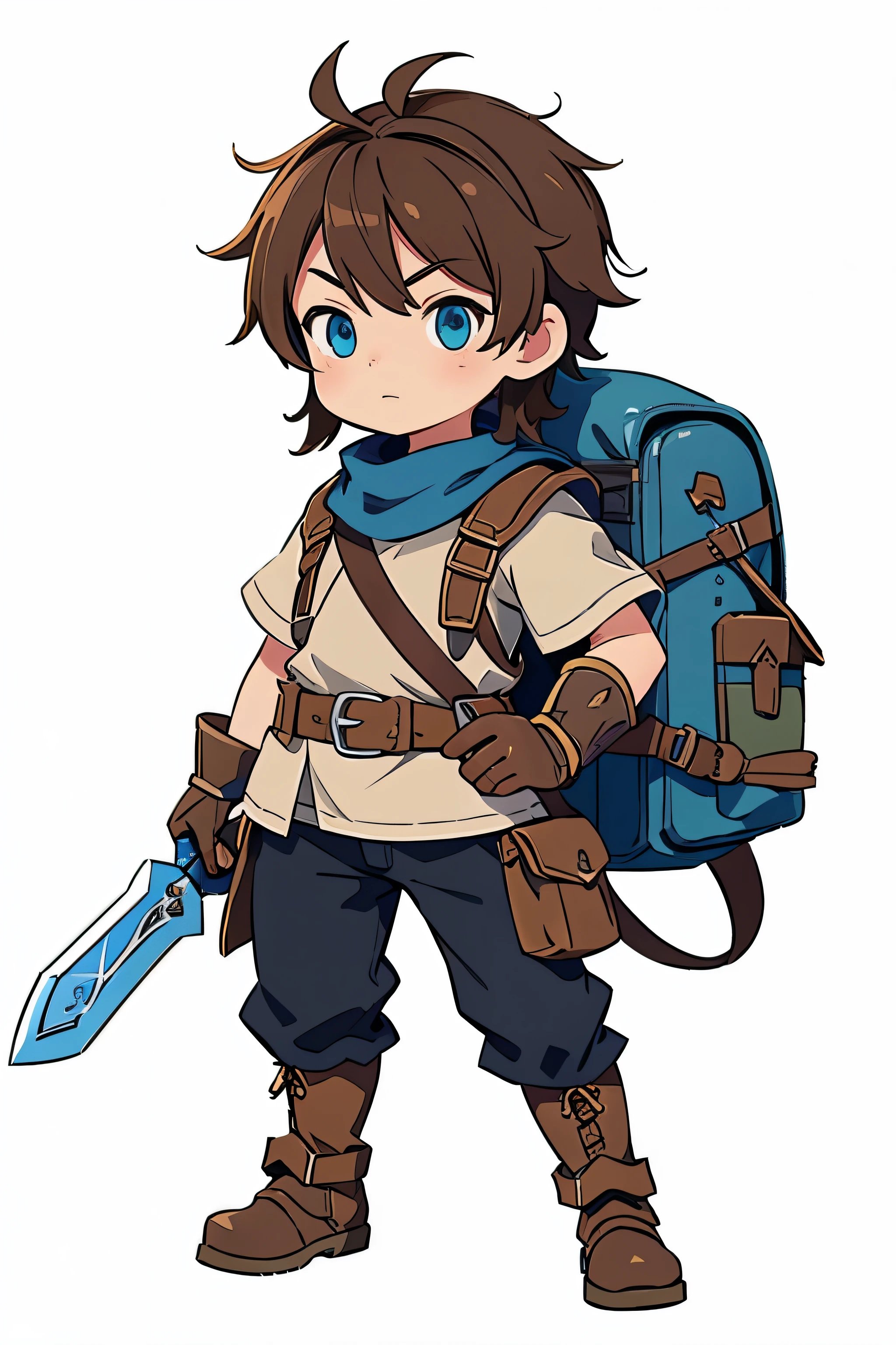 retreat, Scratch your head, Brown hair、Anime character in gloves and blue scarf, single, Draw while standing, Art Style of Rune Factory 5, Maple Story Character Art, Raphael, Rune Factory 5, Lovely characters, middle Ages fantasy,Accessories,(Bulky backpack:1.1),sword,(dirty:1.2),armor,Pants,youth,White background, middle Ages, armored, rpg armor, detailed armor, fantasy cloth armor best quality, high resolution, 4K, 8k, Detailed description, Intricate details, Movie Lighting, excellent quality, soft light, face camera, Perfect eyes((Character Concept Art)), MapleStory Gunboy, Aurora Team, Maple Story style, tame character, Male Explorer Mini Cute Boy, Official Character Art, Clear clothing design