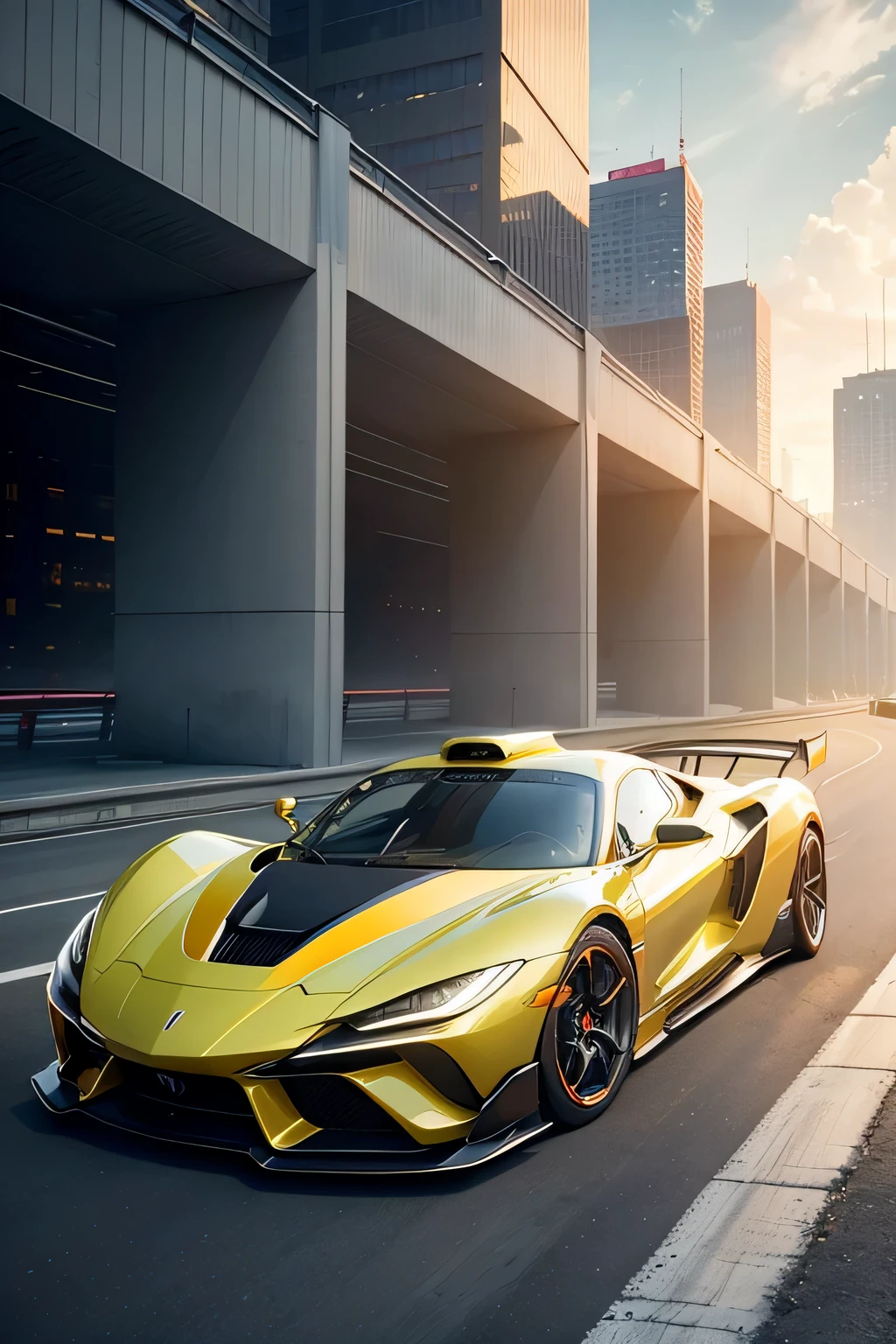 Super bright and modern metallic-vermillion racing car is running on the expressway,
City of high transportation technology complex, skyscrapers , and towers,
Good green environmental atmosphere,
Morning sunlight with blue sky and white cloud