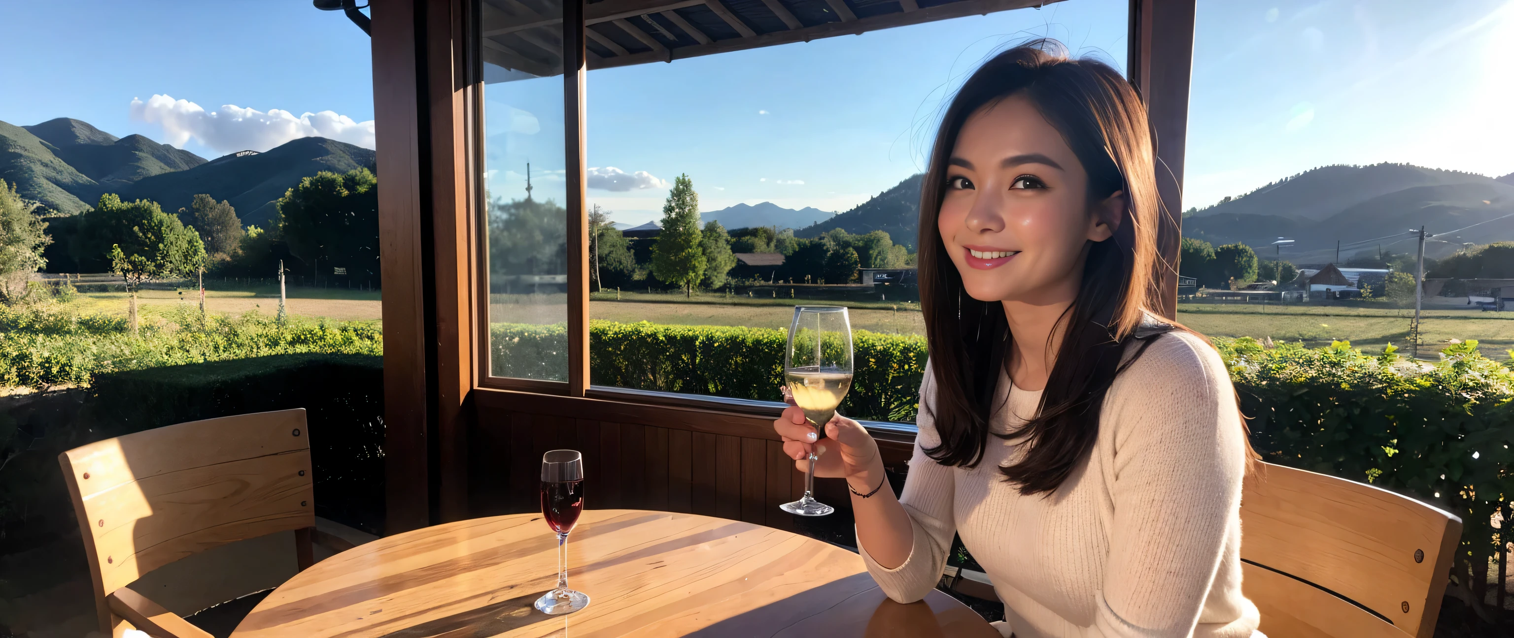 ((highest quality、8k、masterpiece:1.3))、Sharp focus:1.2、Beautiful woman perfect body:1.4、Slim body、((Bob Hale、Straight hair:1.2))、(to be born, highest quality, masterpiece:1.5), (Realistic, Intricate details:1.2), Ultra-high resolution, shine a light on your face、Spectacular view of the sunset sky and clouds、Amazing mountain views、A bright smile、wine glass、red wine 、Appetizer、Italian food、Wine bottle、Champagne、sparkling wine、, Beautiful Face, blue eyes, The light shines on your face, Blushing, short hair,Bright Face、Fox face、 (42 years old), 45 years old, Lady、Two beauties、Brown Hair、Shortcuts、Long sleeve shirt、dress、Pretty Woman 1, (slim face), (The body is slim), (Brown Hair), (Shortcuts), cheeks turn a little red,Attractive beauty、, Out of the window, A beautiful and detailed night view unfolds.........., restaurant, In a prominent place (From the waist up) Nova Frog Style, actress, model, Upper Body, White wine, slim, wine glass, A wine glass placed in the middle, smile, (smile: 1.15), Beautiful fine grain, Depth f/2,saturation, High Contrast, Strong light and shadow,Moist Body:1.5、3D texture、Delicate eyes、Brown Hair、The hair is very shiny、