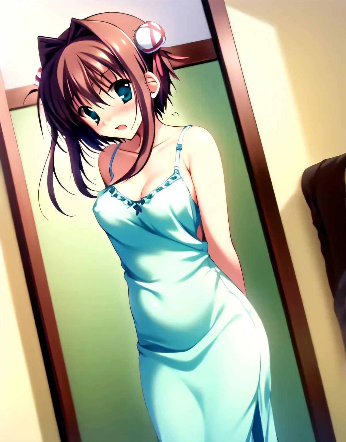 asakura_yume,Brown Hair,Medium Chest,Aqua Eye,White skin,(((１Man Middle Aged Man))),((Hotel Rooms)),((Are standing)),((Shyly)),(,Frightened)),((sorrow)),((Breast augmentation)),(((Navy blue_Camisole long dress_Knee-length))),nsfw, ((valley)),No bra,Nipples,(((Yume Asakura and a middle-aged man are in the room.))),