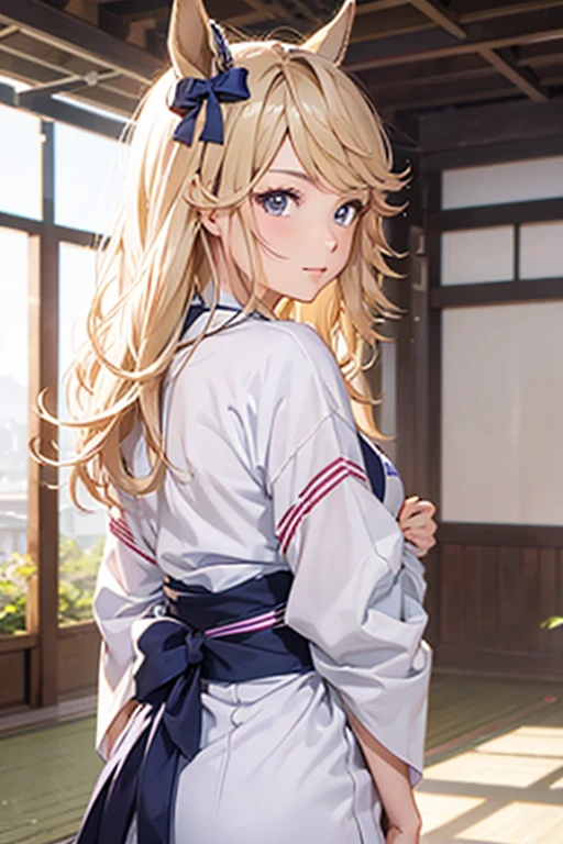 gold city \(umamusume\), Young woman in yukata, arms behind back, masterpiece, best quality, super detail