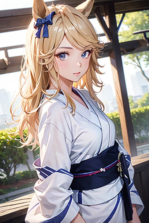 gold city \(umamusume\), Young woman in yukata, arms behind back, masterpiece, best quality, super detail