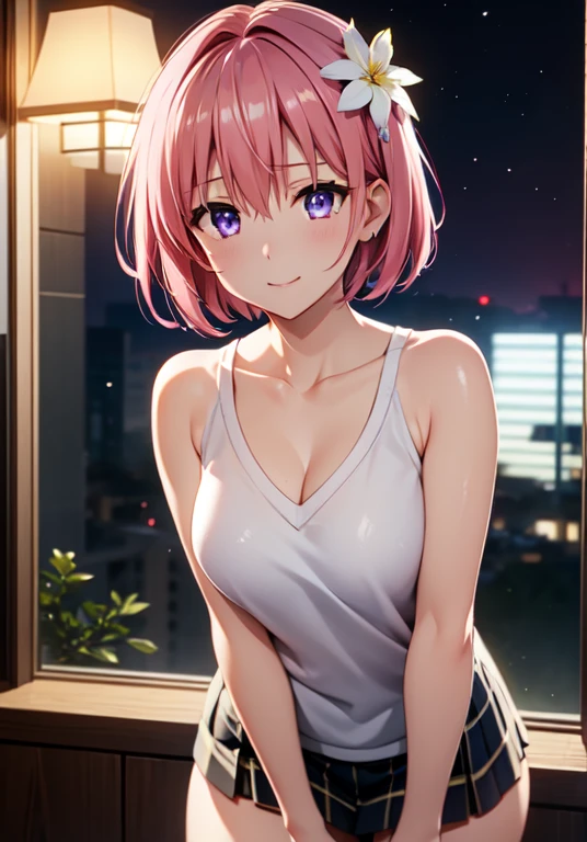 masterpiece,highest quality,Super detailed,8k,
Zhou Xianguang,Realistic Skin,Glowing Skin,、break、
（solo, 1girl, pink hair, purple eyes, short hair, hair flower）、naked towel、see through、break、
（standing split）、（the body is very wet：1.5）、A refreshing smile、Emphasizing the cleavage、
Fantastic night sky、futon