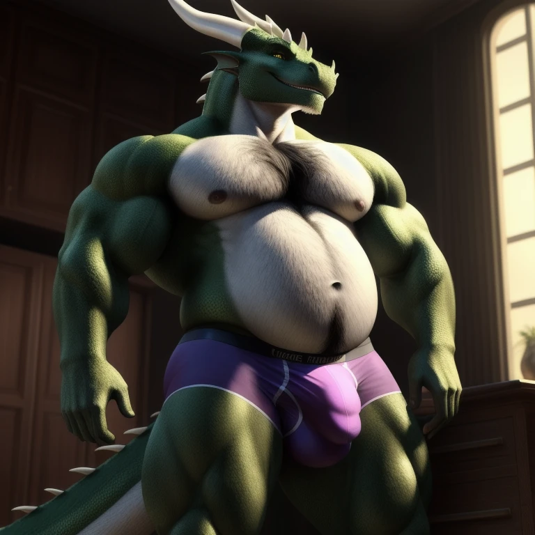 ((ultra realistic, masterpiece, cinematic lighting, NSFW, extreme detail, realistic detailed scale, realistic shaders)), (dragon), with head and belly with green scales, arms and legs with black scales, antrum, pose, (smiling, beautiful), (detailed face, detailed eyes), front view, full body, (large pecks), (top suit), (briefs briefs), detailed background, extremely tight underwear, large bulge, small dragon claws, outline bulge, dragon's tail, (venous muscles), erection inside underwear, touching erection big dad body, with belly. small underwear! body hair! boner. realistic underwear bulge lots of cum. 18+ enhanced bulge. big crotch around the briefs ultra big Dick/Cock. big balls and dick!. Dad body with belly!. NSFW! dirty stained underwear 