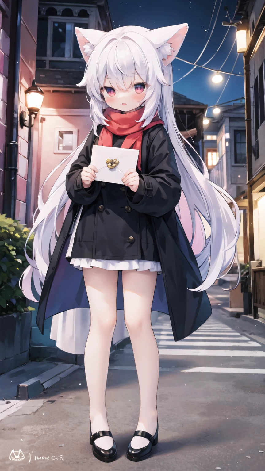 Masterpiece, the best quality, high quality, colorful, 1 girl, Lori, whole body, white hair, long hair, animal ears, red eyes, blushing, mouth open, looking away, red scarf, coat, black high heels, streets, trees, lights, (bow, hands in the air, hands holding letters, love letters, respectfully handed it to me)