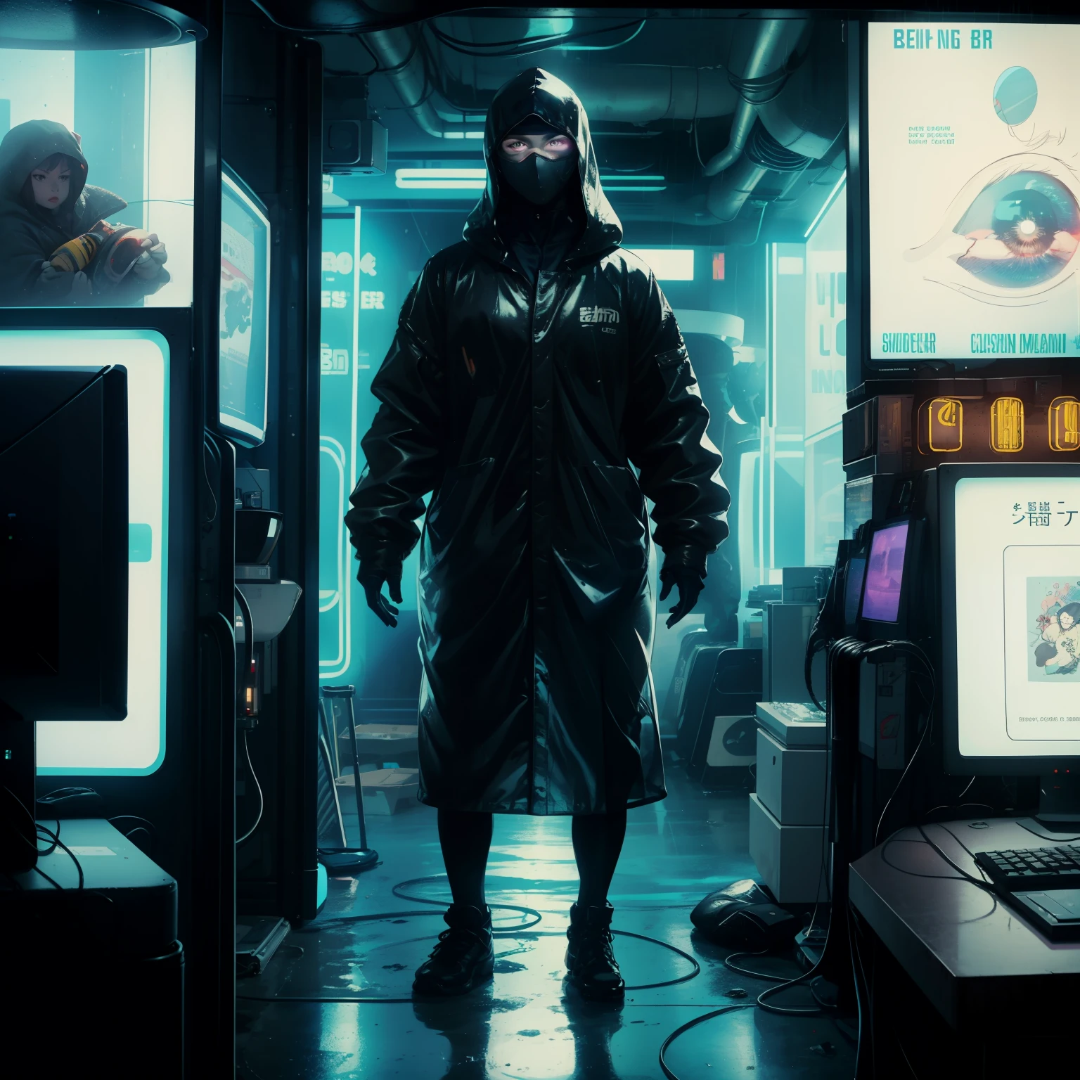 ((highest quality)), ((masterpiece)), (be familiar with), (High definition), (Accurate), (Realistic), (Cinematic), (Best Shadow), (Low contrast), (8K), Perfect Face, ((SYD MEAD style)), manga、mangaデザイン、Storyboard、Panel layout、(Woman looking at a large monitor), (Replicant), (Replicant), ((Black Hair, very short hair, Blue Eyes)), (Black hooded raincoat), (The monitor shows an image of myself)、Glittering neon signs、congestion, congestion, Decadent Future City, NEO TOKYO, A.D.2051, (steam:1.2), It's raining white, evening,