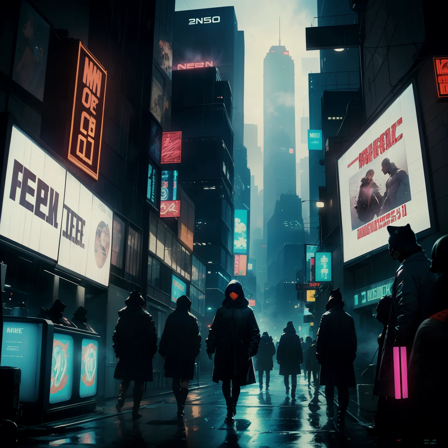 ((highest quality)), ((masterpiece)), (be familiar with), (High definition), (Accurate), (Realistic), (Cinematic), (Best Shadow), (Low contrast), (8K), Perfect Face, ((SYD MEAD style)), manga、mangaデザイン、Storyboard、Panel layout、(Woman looking at a large monitor), (Replicant), (Replicant), ((Black Hair, very short hair, Blue Eyes)), (Black hooded raincoat), (The monitor shows an image of myself)、Glittering neon signs、congestion, congestion, Decadent Future City, NEO TOKYO, A.D.2051, (steam:1.2), It's raining white, evening,