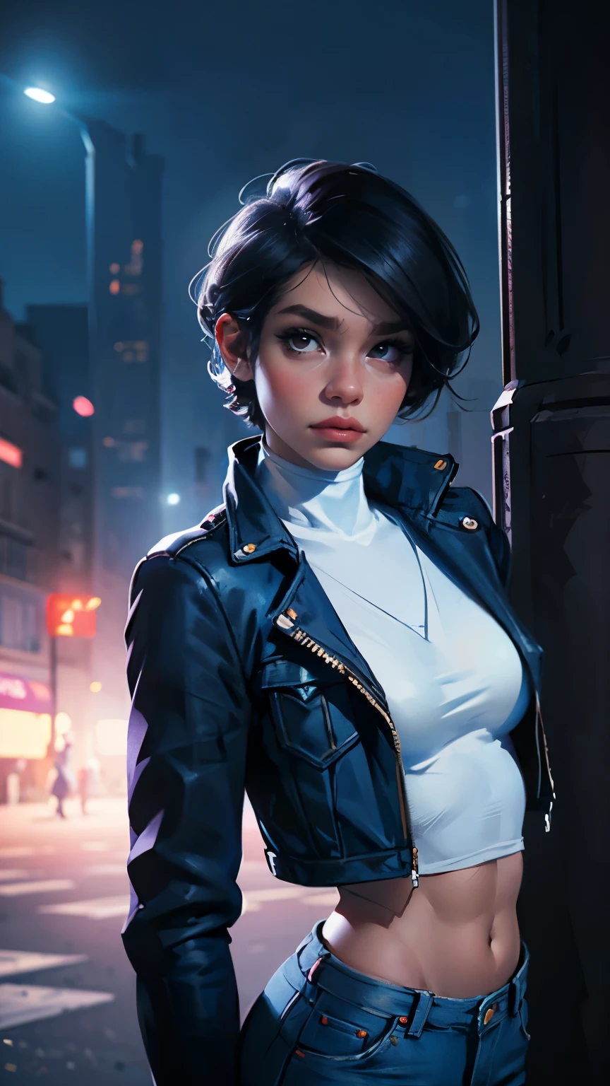 LadyBug, Paris, pretty face, Marinette Dupin-Cheng, short black pixie hair, blue women's jacket, white turtleneck tank top, jeans, white ballet flats, medium-sized breasts, slender body, 17 years old, model shots, Paris at night, bright lights, neon