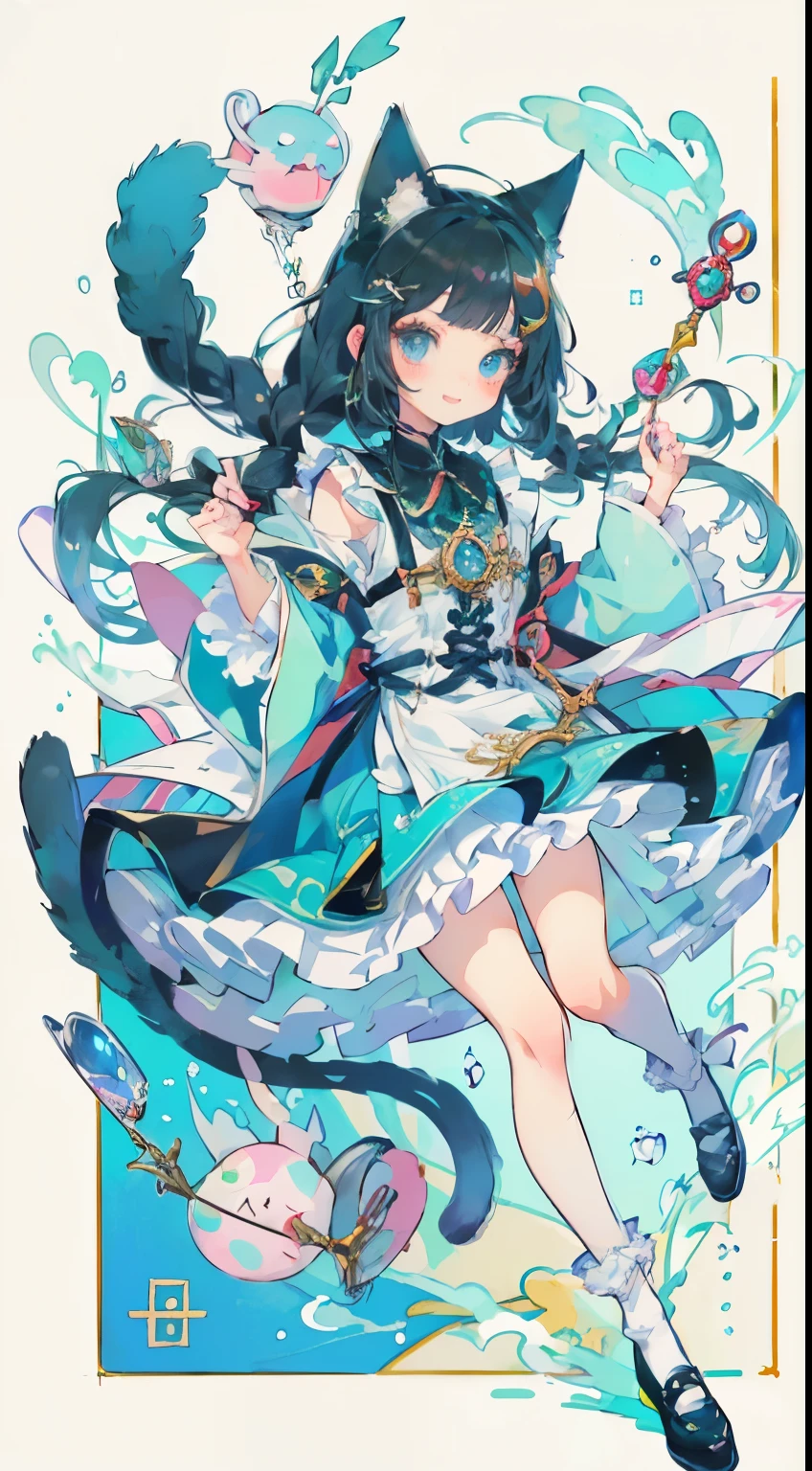 ((Tabletop, highest quality: 1.1), ((Anime girl in a blue dress holding a magic wand)), Art Nouveau、Anime Cat girl wearing a maid costume, , ((Green hairs))、Long-haired person、((Eyes that shine like jewels, Long eyelashes, Transparency))、Very Beautiful Anime Cat girl, アニメCat girl, ((White knee-high socks)), 魅力的なCat girl, I'At the candy store,Inspired by Leiko Ikemura, Takano Aya color style, in ryuuou no oshigoto art style, Cat girl, Someone you admire, rei hiroe、smile