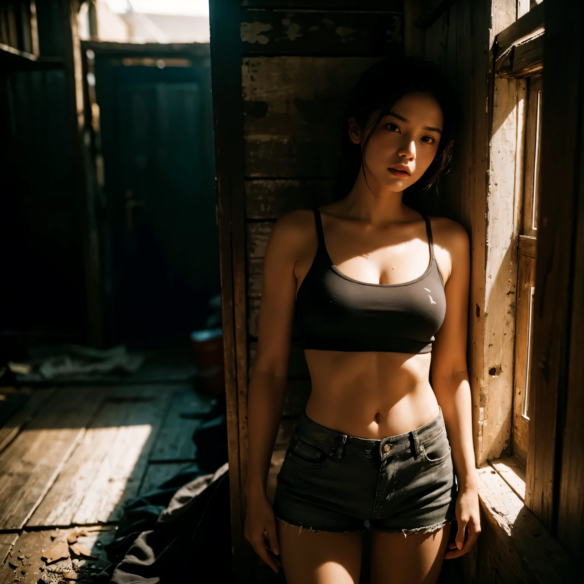 ((Very Sharp Photo Result & Detailed Face)) (((Textile Shading))), (((Best Quality))), (((Masterpiece))), (((Hyper Realistic Photo))) pretty cute girl from slums wearing very short sexy hotpants, moist dark tanning sweaty skin face & body, cinematic mood, dramatic daylight lighting & shadows, gritty atmosphere,4K, perfect scenery, rustic slum area, she sweats a lot body & face, wearing teared, rugged, white ugly brassiere & short pants jeans faded
