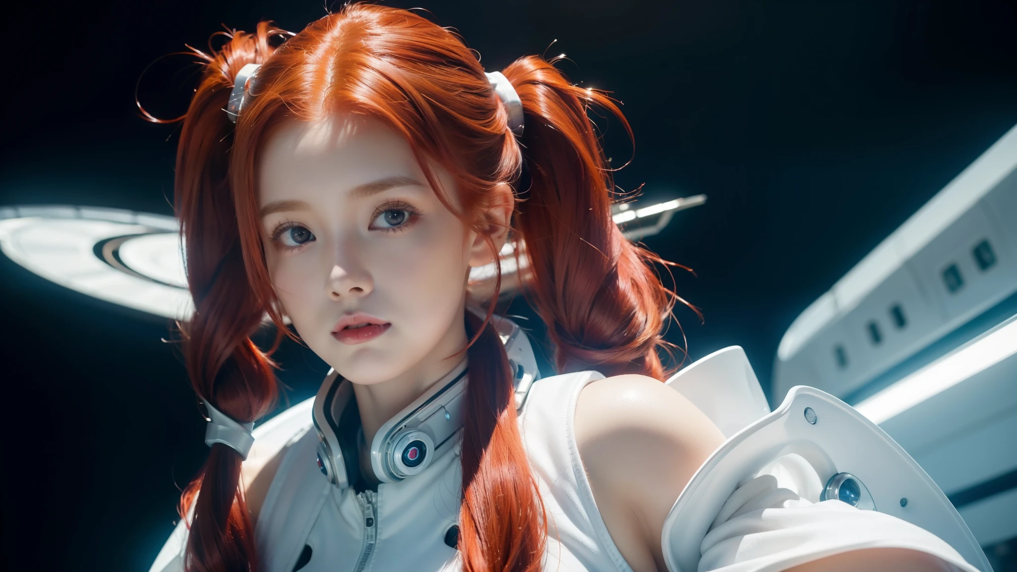 Best Quality, Masterpiece, 8k, RAW (overhead view), ((Cute redhead:1.2)), ribbons in her hair, 12-year-old woman, happy teenager, excited expression, in twin tails, perfect eyes, clear sparkling blue eyes, pale skin, silky smooth skin, porcelain white skin, wearing futuristic suit vest, standing next to a spaceship, future cyberpunk city buildings background
