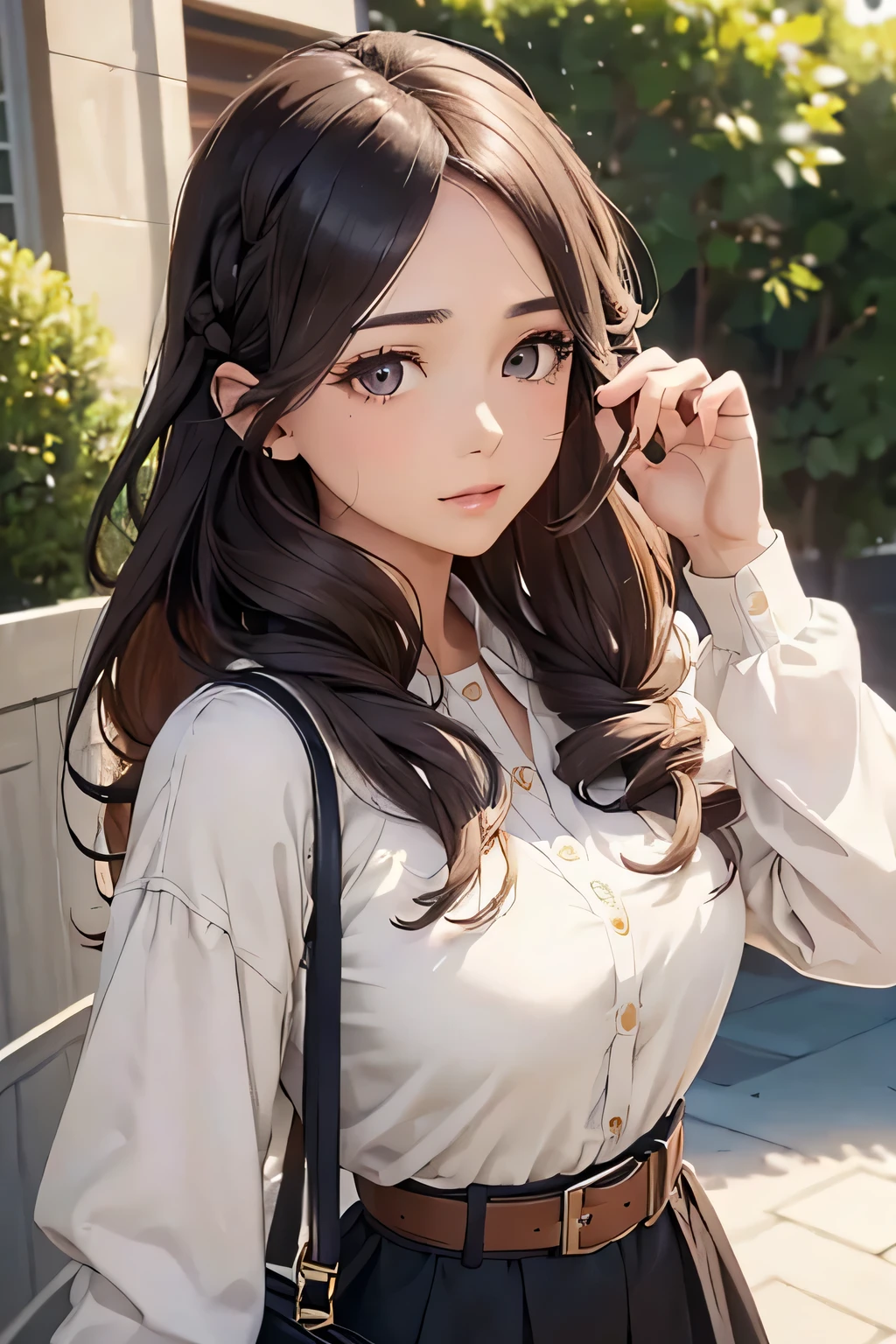 highest quality、High resolution、Detailed Background、(Beautiful face in every detail:1.4)、Anatomically correct、(Draw the usual number of fingers:1.2)、(Detailed facial expressions)、(Detailed eyes:1.2)、(Detailed eyes:1.2)、Beautiful, smooth skin、Beautiful women in their 20s、(Huge breasts:1.2)、(Highly detailed face:1.4)、Brown Hair、Black Hair、Braided long hair、Wavy Hairstyle、Cute hairstyle、well-groomed eyebrows、Perfect body line、Calm atmosphere、Express yourself with confidence、cute gesture、He looks at me with a very trusting expression.、Outdoor Shot、Cowboy Shot、

Choose a midi-length floral dresark the waist with a belt、Tightens the silhouette、
By putting on a cardigan in a calm tone、Adds elegance、
Match it with a bag and pumps in a neutral color.、Putting it all together、very beautiful
