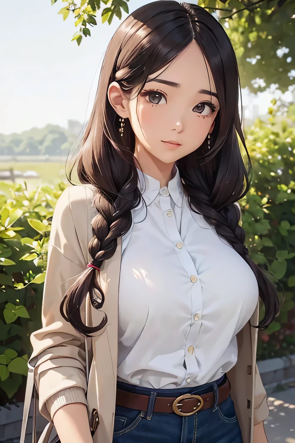 highest quality、High resolution、Detailed Background、(Beautiful face in every detail:1.4)、Anatomically correct、(Draw the usual number of fingers:1.2)、(Detailed facial expressions)、(Detailed eyes:1.2)、(Detailed eyes:1.2)、Beautiful, smooth skin、Beautiful women in their 20s、(Huge breasts:1.2)、(Highly detailed face:1.4)、Brown Hair、Black Hair、Braided long hair、Wavy Hairstyle、Cute hairstyle、well-groomed eyebrows、Perfect body line、Calm atmosphere、Express yourself with confidence、cute gesture、He looks at me with a very trusting expression.、Outdoor Shot、Cowboy Shot、
Choose a midi-length floral dresark the waist with a belt、Tightens the silhouette、
By putting on a cardigan in a calm tone、Adds elegance、
Match it with a bag and pumps in a neutral color.、Putting it all together、very beautiful