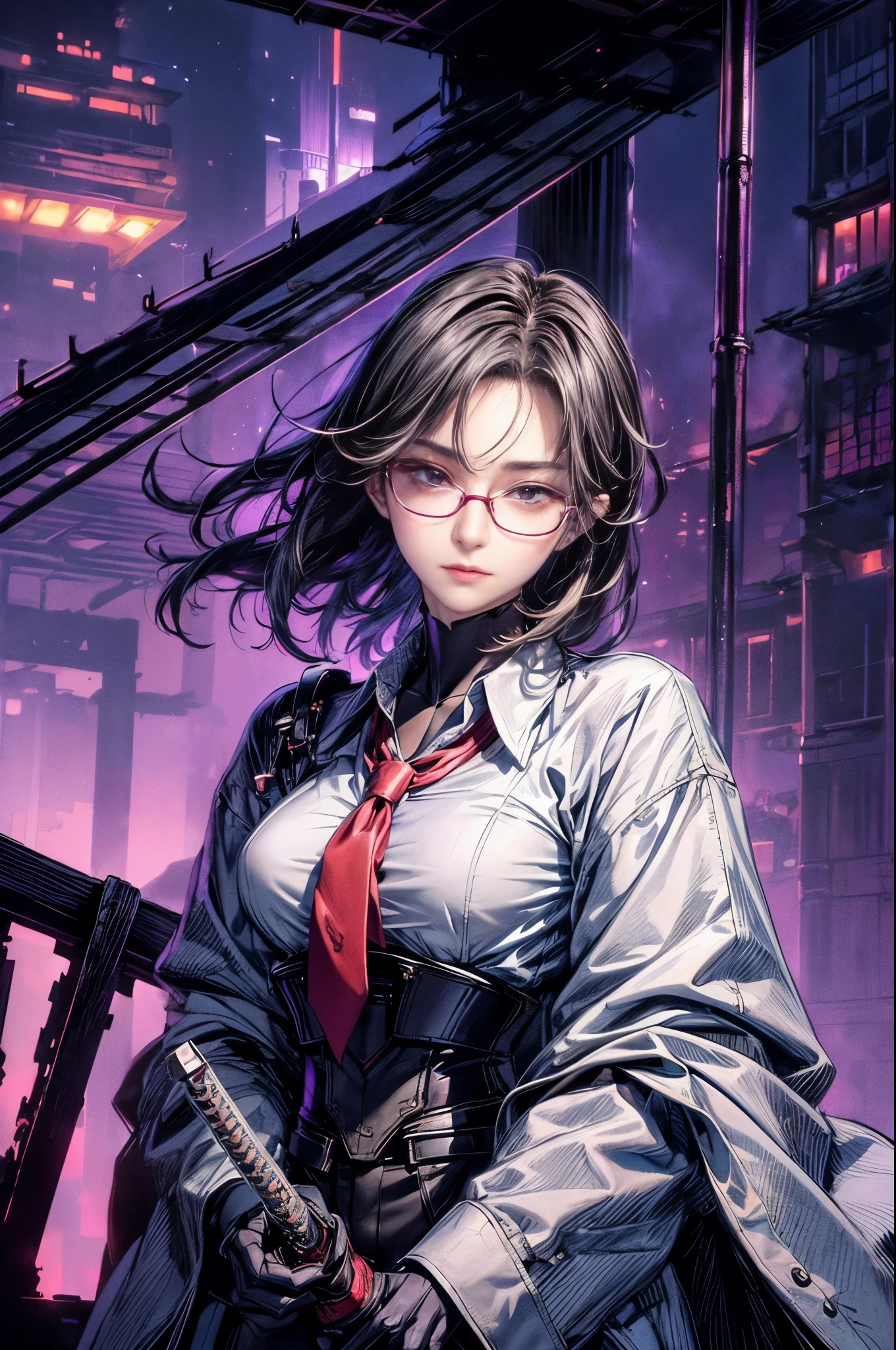 Cinema Lighting,Highly detailed skin、Beautiful quality with attention to detail,cyber punk,(replace、Dim color, Calm tone、Perfect Anatomy:1.3),(1 Beautiful Woman、Beautiful facial features down to the last detail、solo:1.3)(Black short hair、Glasses:1.5)Smile a little、(1 Hold a samurai blade in your hand)break.
Grey trench coat、Stylish stand collar white business shirt、Purple tie、タイトレザーパンツ break.night中(night、Futuristic city building rooftop、A fire broke out in a nearby building.)thick red frame glasses、Glasses、Japanese