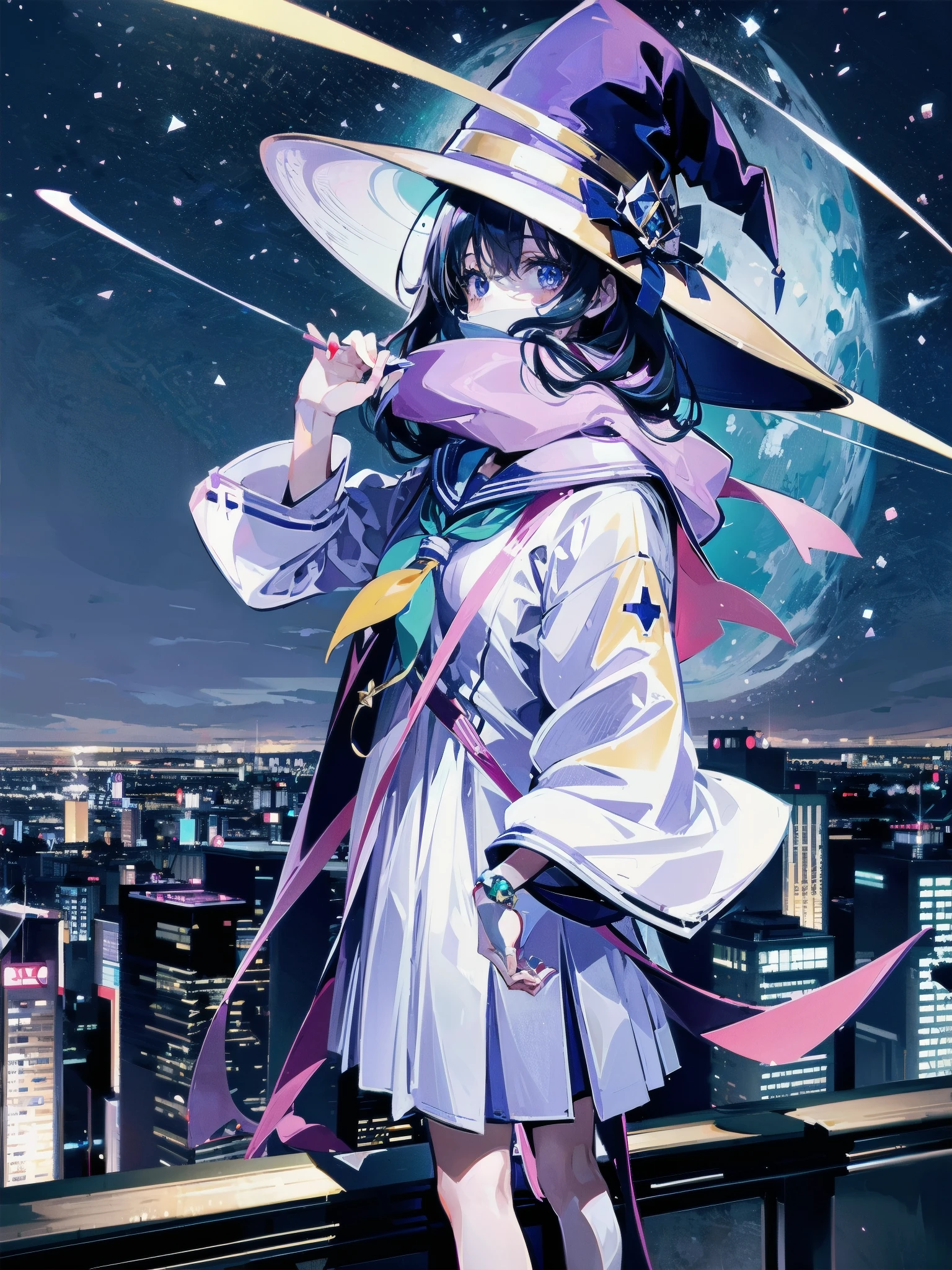A girl stands on the rooftop of a high-rise building overlooking Tokyo late at night、High school student wearing sailor suit、She wears a large witch's hat with sapphire and amethyst accessories.、