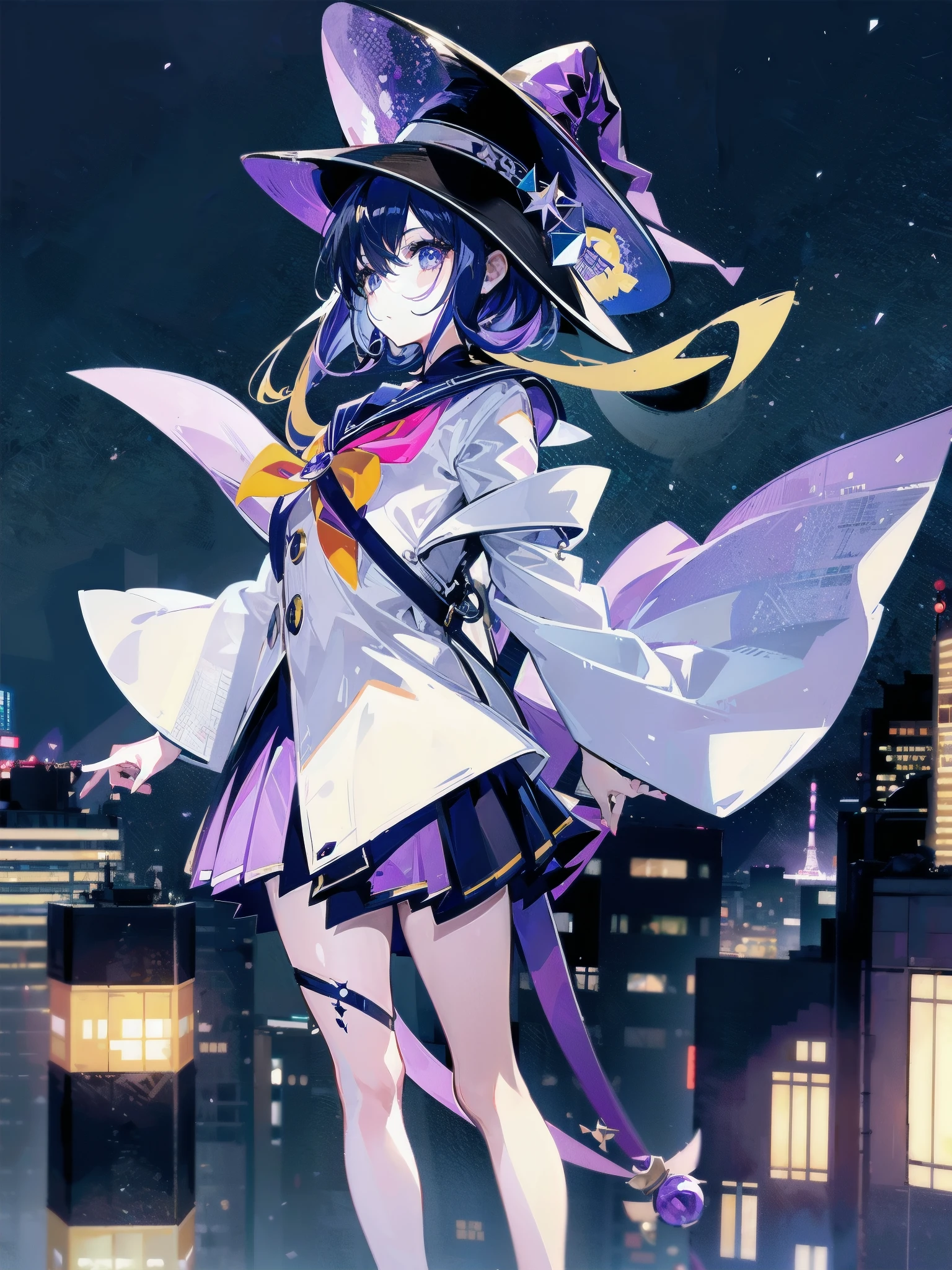 A girl stands on the rooftop of a high-rise building overlooking Tokyo late at night、High school student wearing sailor suit、She wears a large witch's hat with sapphire and amethyst accessories.、