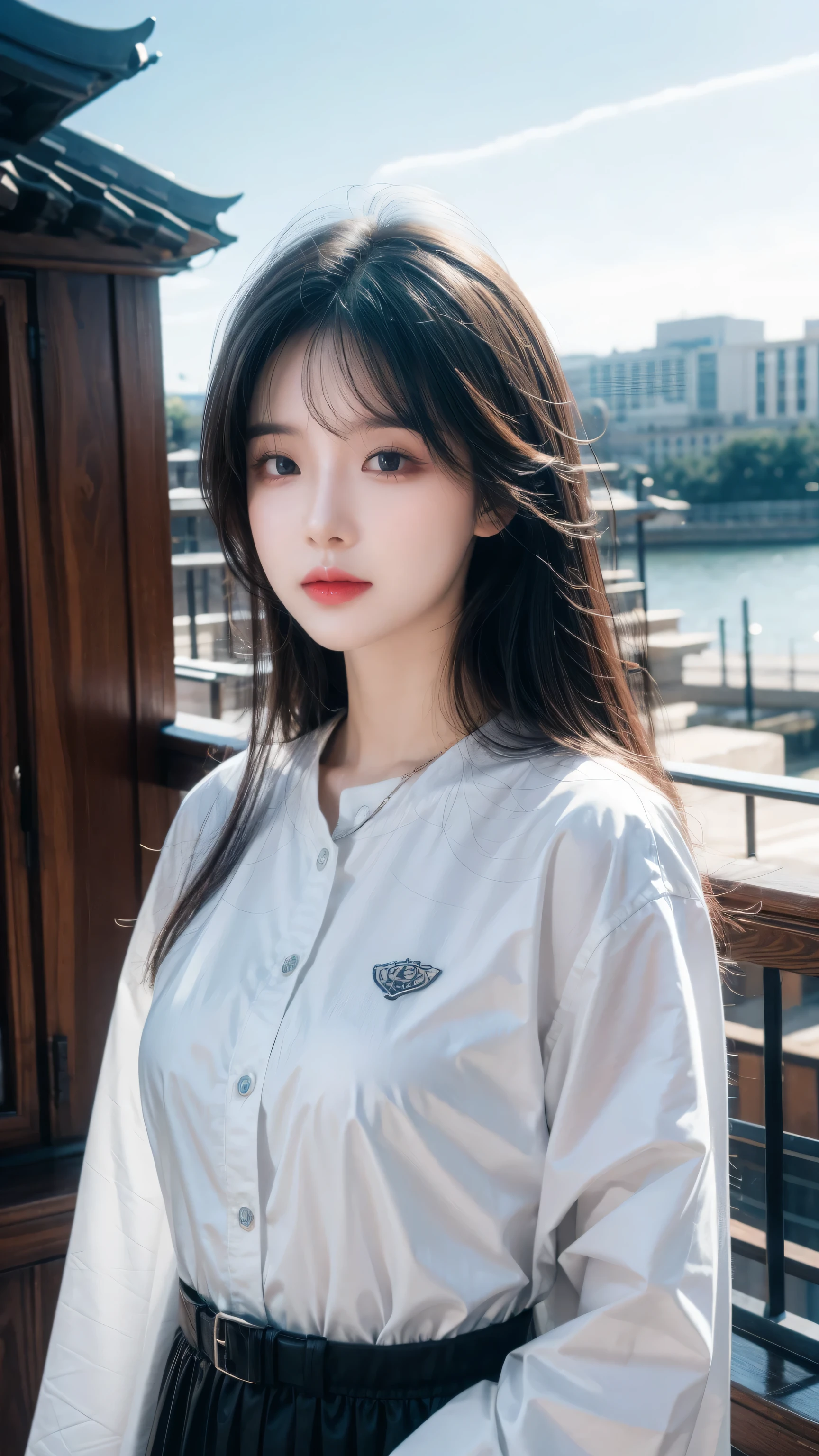 masterpiece, top quality, Very detailed, Unity 8K wallpaper, (Ride on a crane), Sky, 1 girl, heavy machine, Gradient hair, Hair between the eyes, Ahog, age: 16, look back, Pretty Face, White Niso,