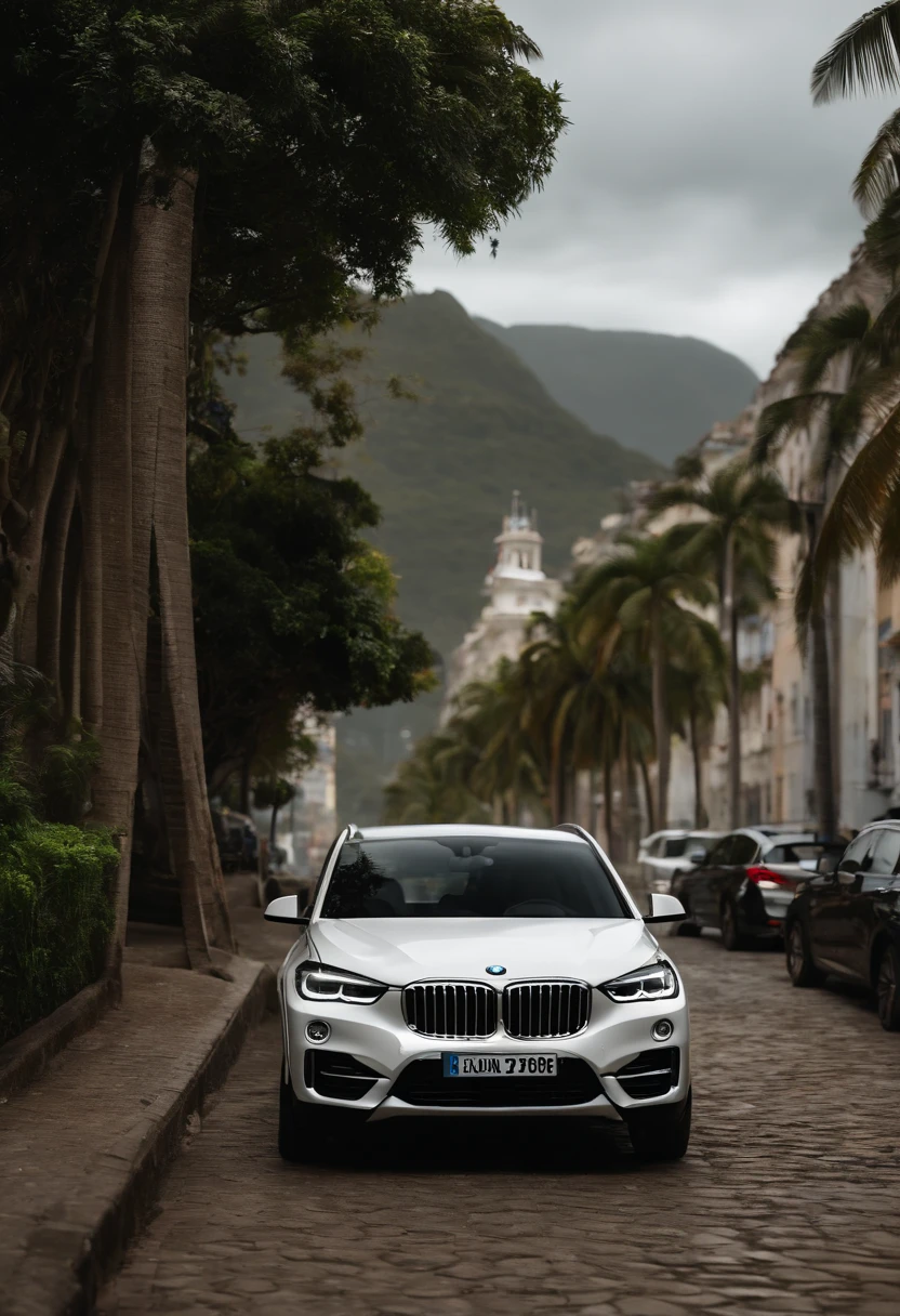 Build a BMW car, Model X1, White, brazilian street, Near the Redeemer in Rio de Janeiro, Car parked in front of the beach, Ultra-realistic 8K