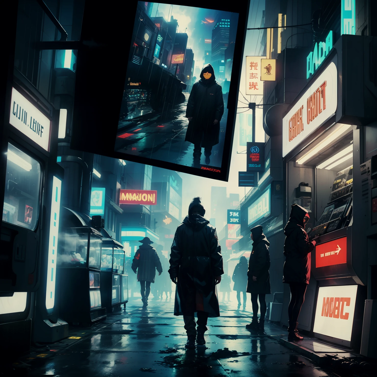 ((highest quality)), ((masterpiece)), (be familiar with), (High definition), (Accurate), (Realistic), (Cinematic), (Best Shadow), (Low contrast), (8K), Perfect Face, ((SYD MEAD style)), manga、mangaデザイン、Storyboard、Panel layout、(Woman looking at a large monitor), (Replicant), (Replicant), ((Black Hair, very short hair, Blue Eyes)), (Black hooded raincoat), (The monitor shows an image of myself)、Glittering neon signs、congestion, congestion, Decadent Future City, NEO TOKYO, A.D.2051, (steam:1.2), It's raining white, evening,