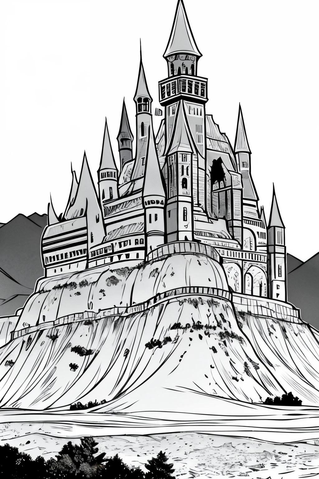 medieval dnd fantasy castle, castle on a hill, mountains in the background, very light colored grey scale