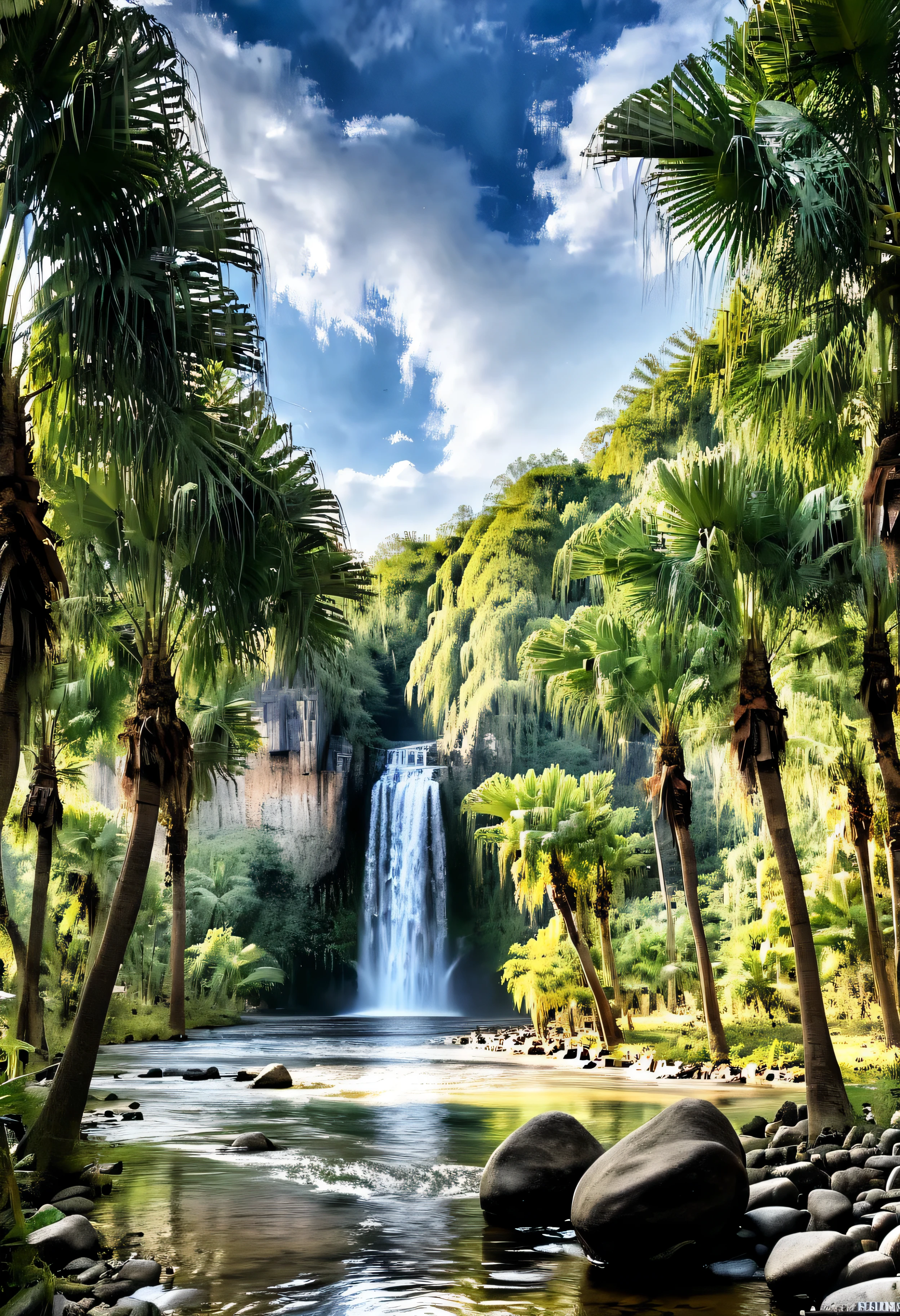 (((masterpiece))), best quality, high quality, Extremely detailed CG unity 8k wallpaper, landscape, outdoor, Sky, cloud, nobody, Mountain, landscape, water, Kwai tree, blue Sky, waterfall, cliff, nature, lake, river, cloudy Sky,Award-winning photography, Bokeh, Depth of Field, HDR, Bloom, Chromatic Aberration ,Reality,Extremely detailed, Popular on artstation, Popular on CGSociety, Wheels within wheels, High Detail, dramatic, midjourney's Artwork, tall waterfall, painting of a river with rocks and Kwai tree in the foreground, Martinus Rolby (Martin Rørbye), author:Adolf Holzer, author:Adolf Schroeder, author:Karl Otto Gertz, Wilhelm Lundstrom, Anton Otto Fischer, author:Joseph von Ferich, Courtesy of Carl Eugene Kiel, Adolf Born, near a river, landscape, jungle, waterfall, crystal clear water, Night Light, Full Moon, rich and colorful, river with rocks, Rock Bridge, epic, fantasy, ((Kwai tree by the pond)), ((painting)), moon landscape reflected in river,