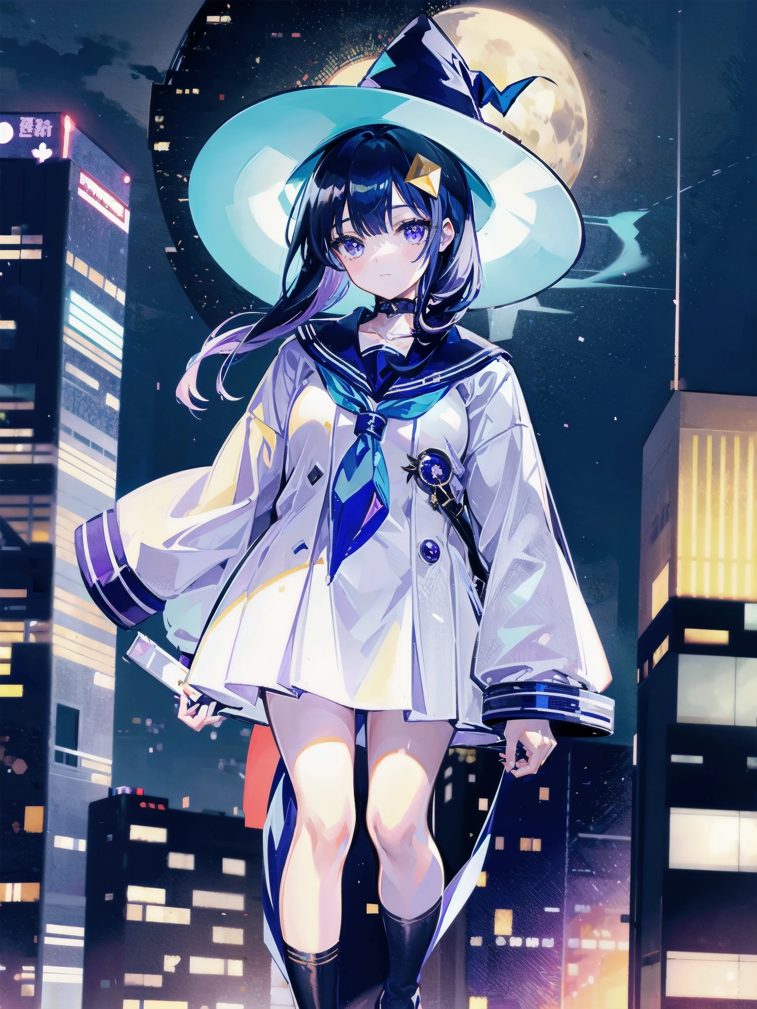 A girl stands on the rooftop of a high-rise building overlooking Tokyo late at night、High school student wearing sailor suit、She wears a large witch's hat with sapphire and amethyst accessories.、
