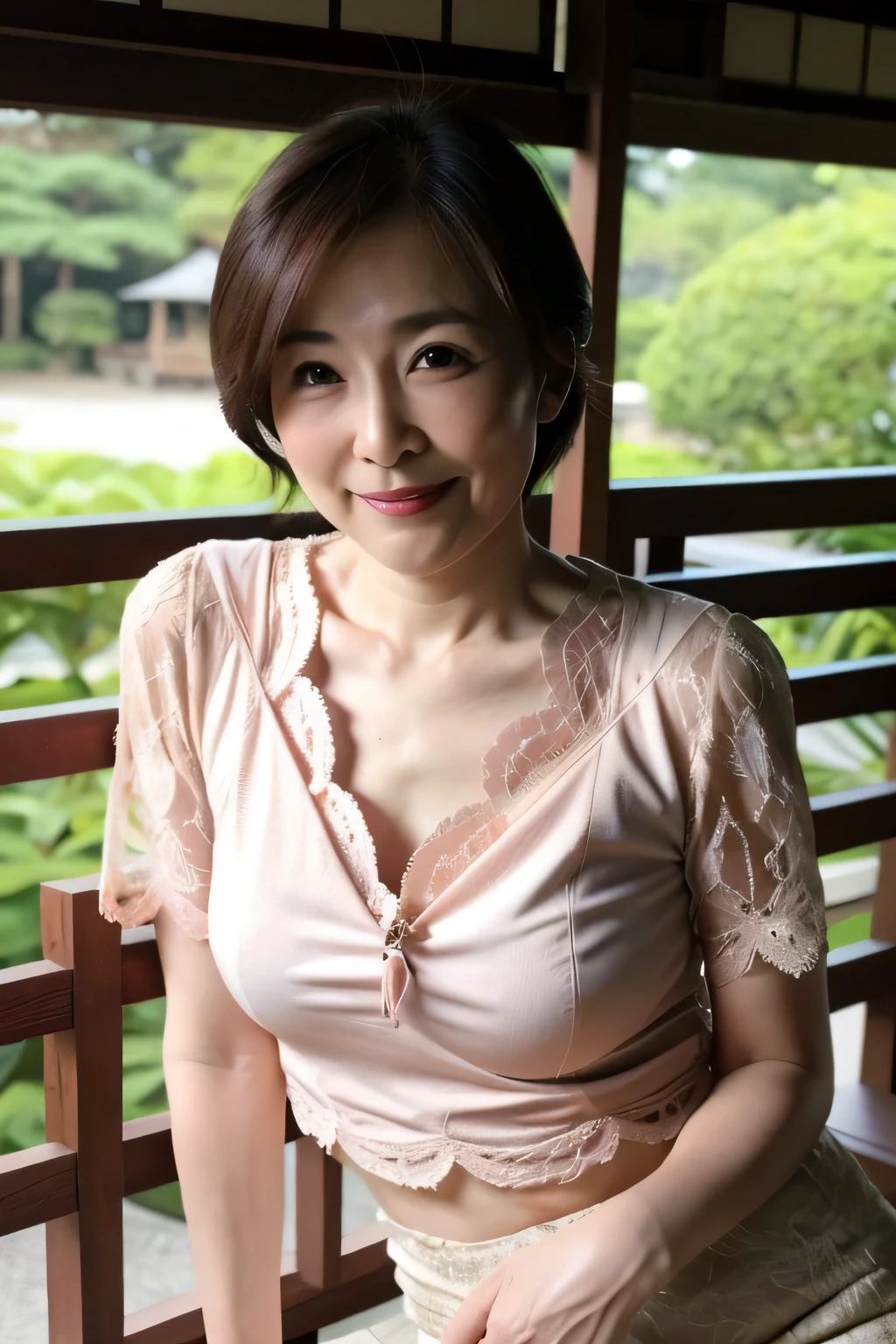 Japanese Garden,highest quality,Japanese ,real person, figure, Super detailed, finely, High resolution, Detailed and beautiful eyes,blouse, Center of chest, Natural color lip, Sexy pose,smile、40 year old girl,Short Hair ,Bra Top、Cowboy Shot,