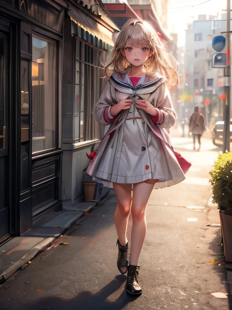 masterpiece:1.2, highres,8k, ultra-detailed:1.2, photorealistic:1.37, cute girl, full-body visible, a cute girl walking leading a spot-billed ducks, beautiful delicate (hair, face, eyes, lips), delicate pupils, sparkling eyes, bright rosy lips,