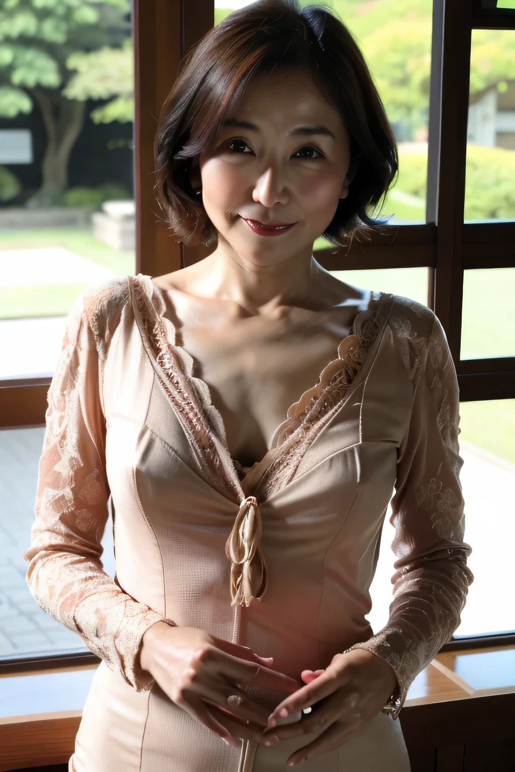 Japanese Garden,highest quality,Japanese ,real person, figure, Super detailed, finely, High resolution, Detailed and beautiful eyes,blouse, Center of chest, Natural color lip, Sexy pose,smile、40 year old girl,Short Hair ,Bra Top、Cowboy Shot,