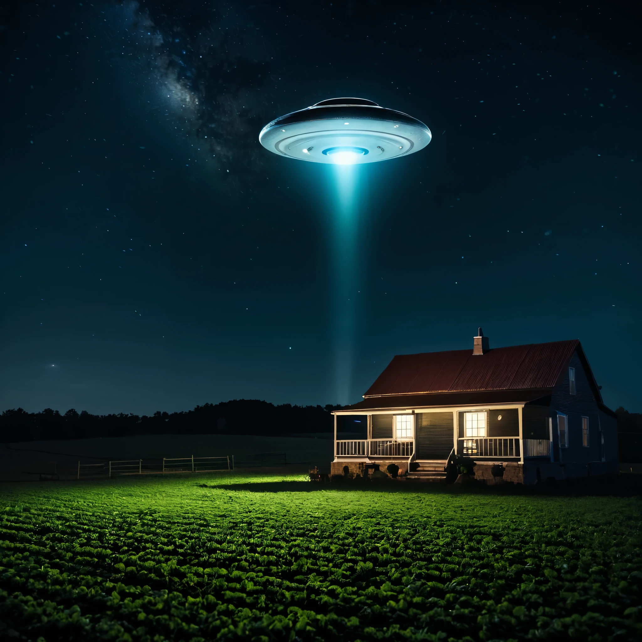 A UFO floats just above a little farm house, night time