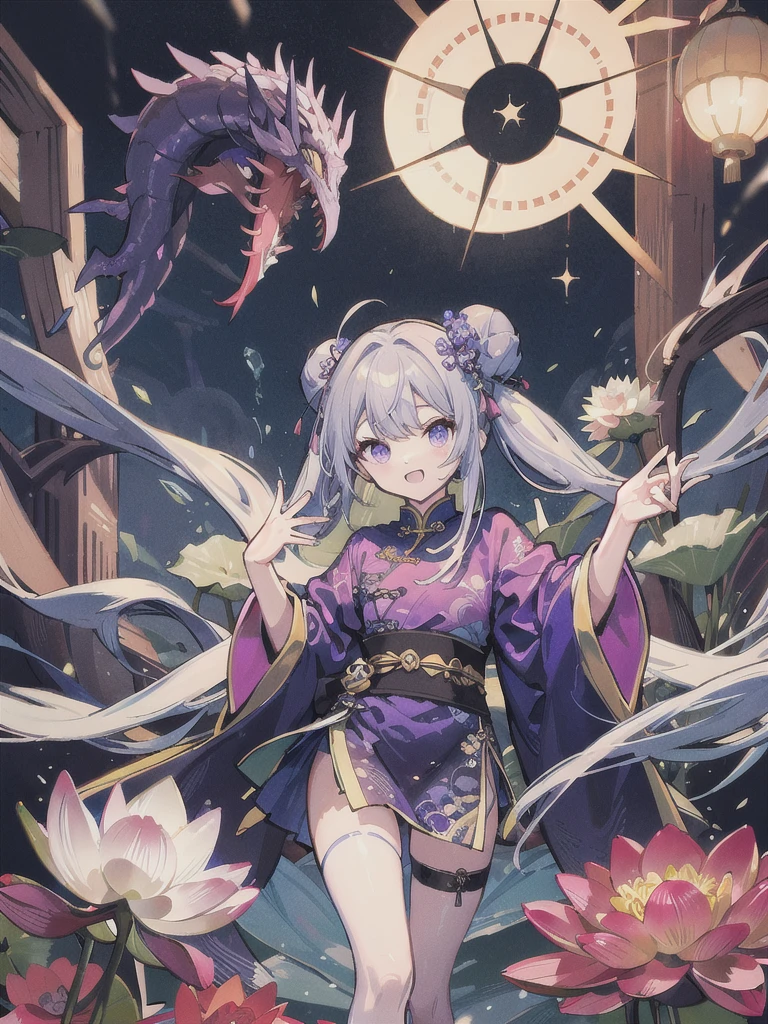 A Chinese monster,plant,lotus,手里拿着lotus,robe,skirt,Purple Thunderbolt,Magic Circle