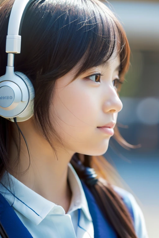 Face close-up ,masterpiece, highest quality, Girl listening to music with headphones、Cheek cane with right hand、Left hand holds mug、She looks like a slender high school girl.、Makoto Shinkai's Style。