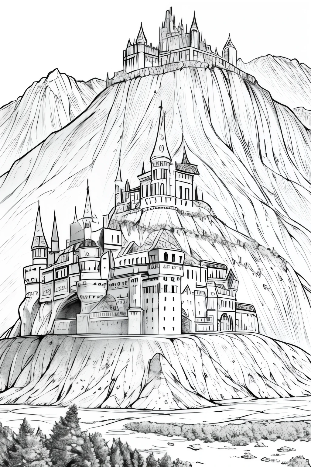 medieval dnd fantasy castle, castle on a hill, mountains in the background, very light colored grey scale