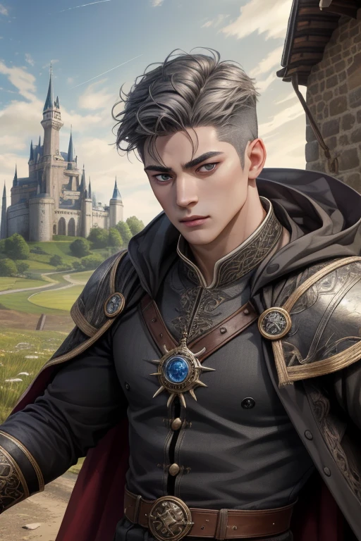 (Absurdres, Intricate Details, Masterpiece, Best Quality, High Resolution, 8k), 1 male, masculine, young, aged up, dreadful, finely detailed eyes and face, gray short back and sides hair, black eyes, portrait, looking at viewer, solo, (full body:0.6), detailed background, (RootsBranchesAI theme:1.1) Mad eye, Mad face, high fantasy, cleric, casting magic spell, hovering in air, sunshine, color cape, gloves, magic potion, bright realistic lighting, Castle barn background, VFX.
