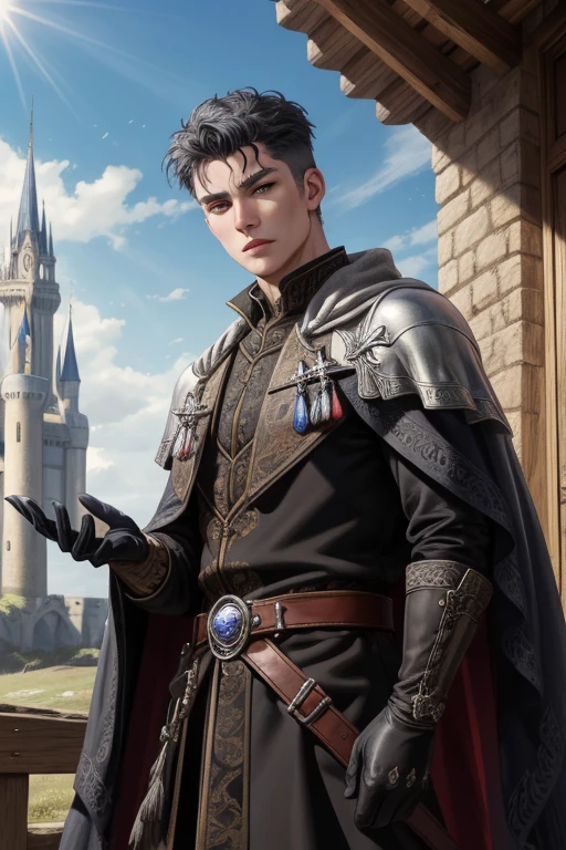 (Absurdres, Intricate Details, Masterpiece, Best Quality, High Resolution, 8k), 1 male, masculine, young, aged up, dreadful, finely detailed eyes and face, gray short back and sides hair, black eyes, portrait, looking at viewer, solo, (full body:0.6), detailed background, (RootsBranchesAI theme:1.1) Mad eye, Mad face, high fantasy, cleric, casting magic spell, hovering in air, sunshine, color cape, gloves, magic potion, bright realistic lighting, Castle barn background, VFX.