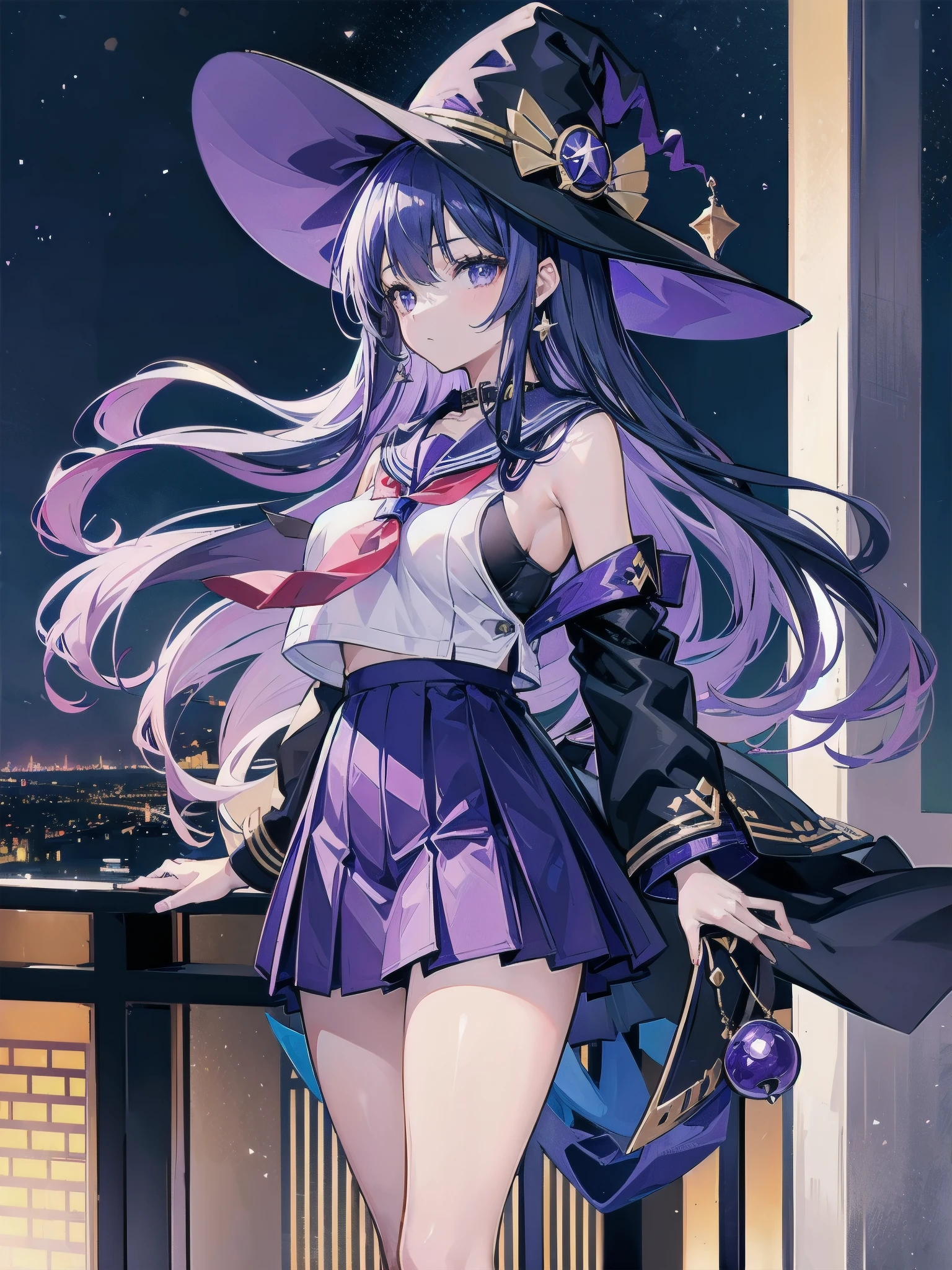 A girl stands on the rooftop of a high-rise building overlooking Tokyo late at night、High school student wearing sailor suit、She wears a large witch's hat with sapphire and amethyst accessories.、