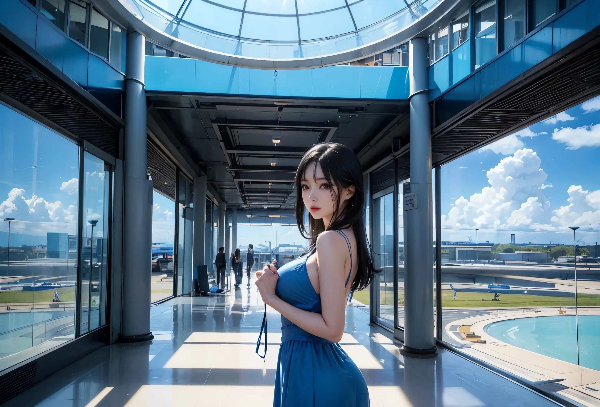 Large airport、Large glass windows、超long shot、Blue dress、White clouds and blue sky、Inside the airport、woman、((Backlight、Light and Dark, shadow)), Short black hair、Detailed people、Detailed Background、Detailed face),(Background and character ratio:0.8)、Image of a huge aquarium tank