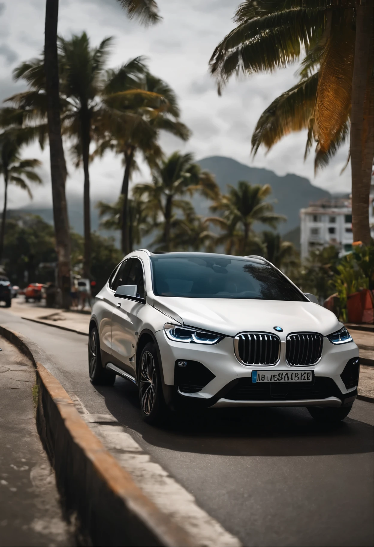 Build a BMW car, Model X1, White, brazilian street, Near the Redeemer in Rio de Janeiro, Car parked in front of the beach, Ultra-realistic 8K