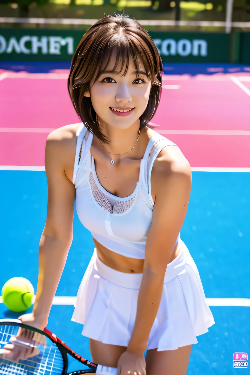 highest quality, Photorealistic, Very detailed, finely, High resolution, 8K Wallpaper, Professional, High level of detail, ((One 18 year old girl:1.2)), Slender Japanese women,cute lips, (Long eyelashes:1.2)、Detailed clavicle, Perfect Face, (Cute short bob hair:1.5),Top Quality,Ultra-clear resolution,Clear Eyes,White skin,Perfect breasts,have perfect legs,( highest quality, masterpiece: 1.2), (Realistic, Realistic: 1.37), Super Detail, big, beauty, cute, smile, alone, Tennis Wear, mini skirt, Tennis court, racket, (Cute smile: 1.15), (Shut your mouth.), Beautiful Eyes, Upper Body, Under the skirt