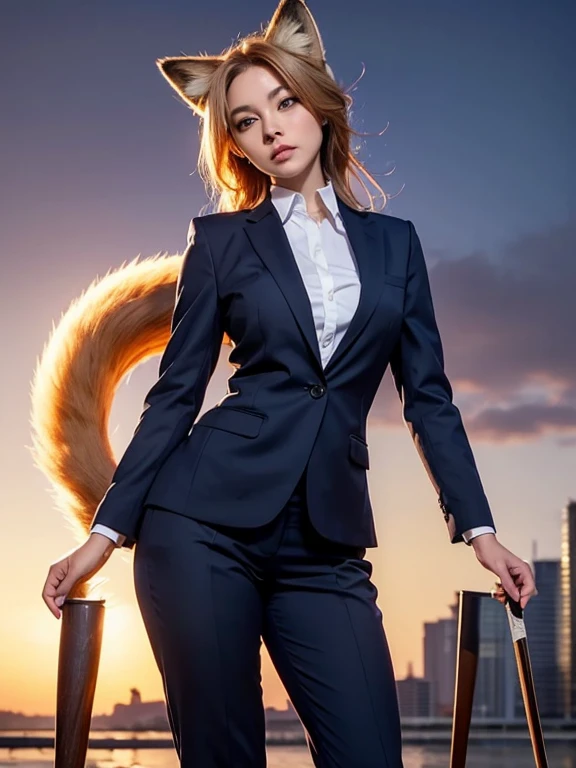 ((highest quality)), ((masterpiece)), (Get used to it), Perfect Face, Fox Girl, Beautiful woman, public, It has a tail, She has a fluffy tail, She has a fox&#39;s tail, She wags her tail, Troubled face, first round, She is wearing a business suit, Beautiful Hips, Big tail, His tail is sticking out from his business suit