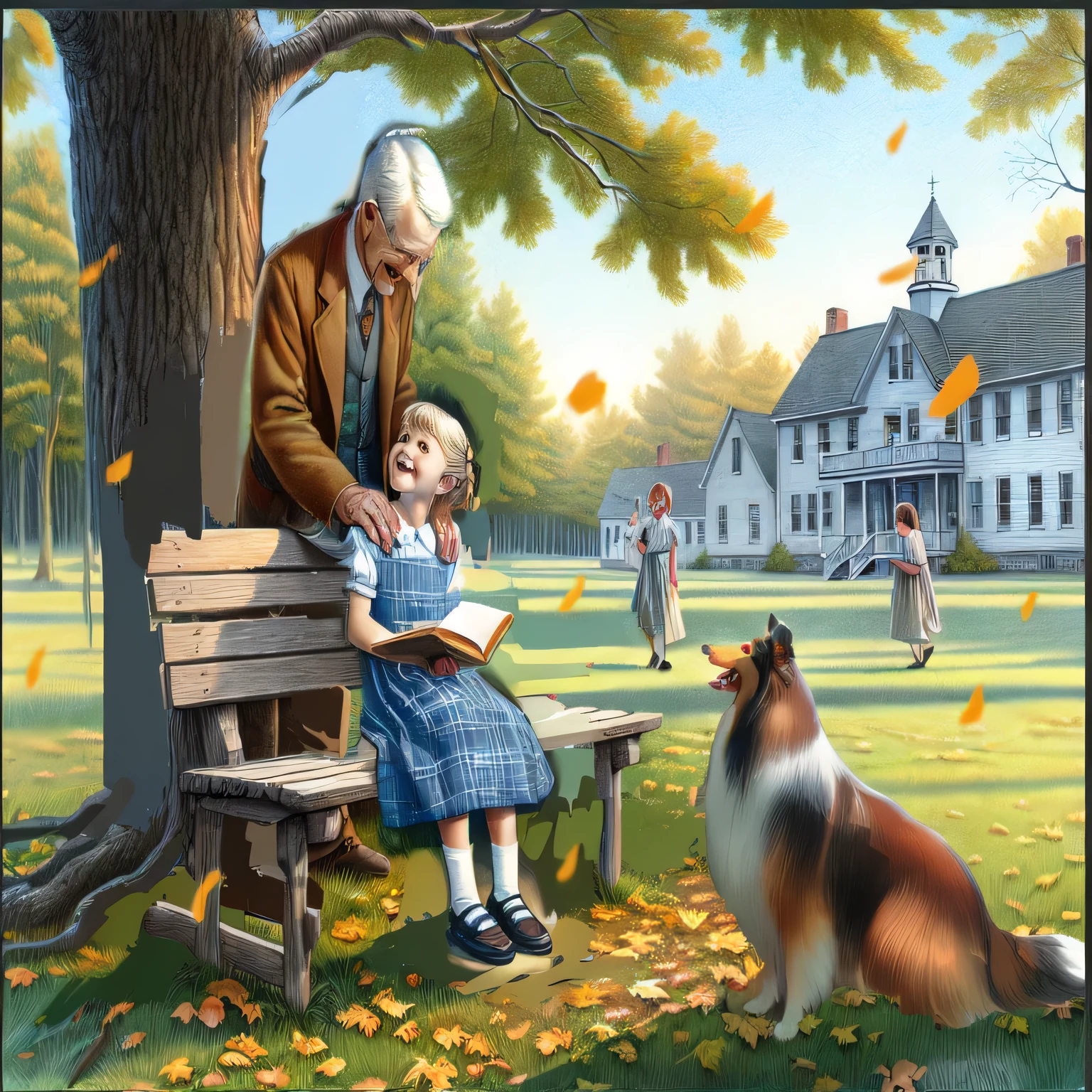 The painting shows a man and a dog sitting on a bench, Inspired by Norman Rockwell, Norman Rockwell style, norman rockwell style, author：Steven Dohanos, Storybook illustration, Terry Redlin (Terry Redlin) of inspiration, Full color illustrations, author：Bob Byerley, inspired by peter rockwell, norman rockwell akihiko yoshida, Norman Rockwell art style