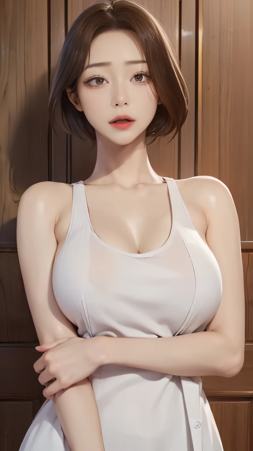 (​masterpiece:1.3), (8K, Photorealsitic, Raw photography, Top image quality: 1.4), Japan high school girls、(Random hairstyles:1.2)、cleavage of the breast:1.2、Super Detail Face、Eye of Detail、double eyelid、Bring your chest together、sharp focus:1.2、prety woman:1.4、light brown hair、top-quality、​masterpiece、超A high resolution、(Photorealsitic:1.4)、Highly detailed and professional lighting smile、Loose and light knitwear、Shoulder out、slender、serious facial expression、short-haired、Fatal position