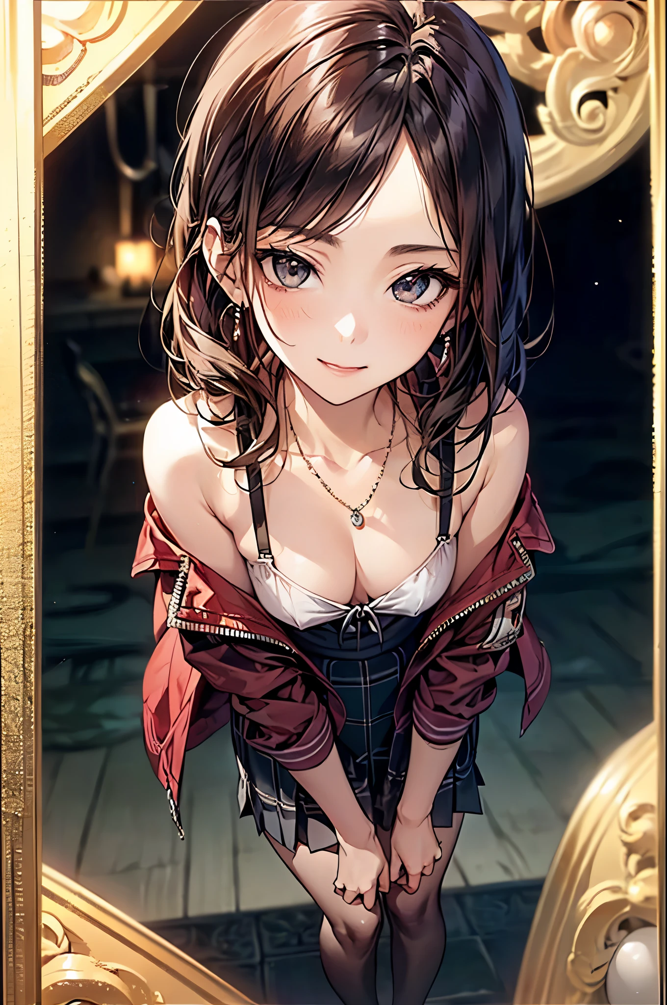 ((Biologically correct number of limbs))、(( Full body photo including face))、4K、((Standing posture))、Masterpiece、((focus on the face))、((Symmetrical facial features))、Eyes with detailed description、Beautiful woman、Outstanding style、Beautiful clavicle、Beautiful legs、Beautiful Hands、Slender Body、(Black Stockings、High heels)、Detailed depiction of faces、Small earrings、necklace、(Red Jacket、shirt、(Checked skirt))、((Close-up of face))、Sidelong glance、tie、night、(((Photo framed in white on all four sides)))、High angle、smile