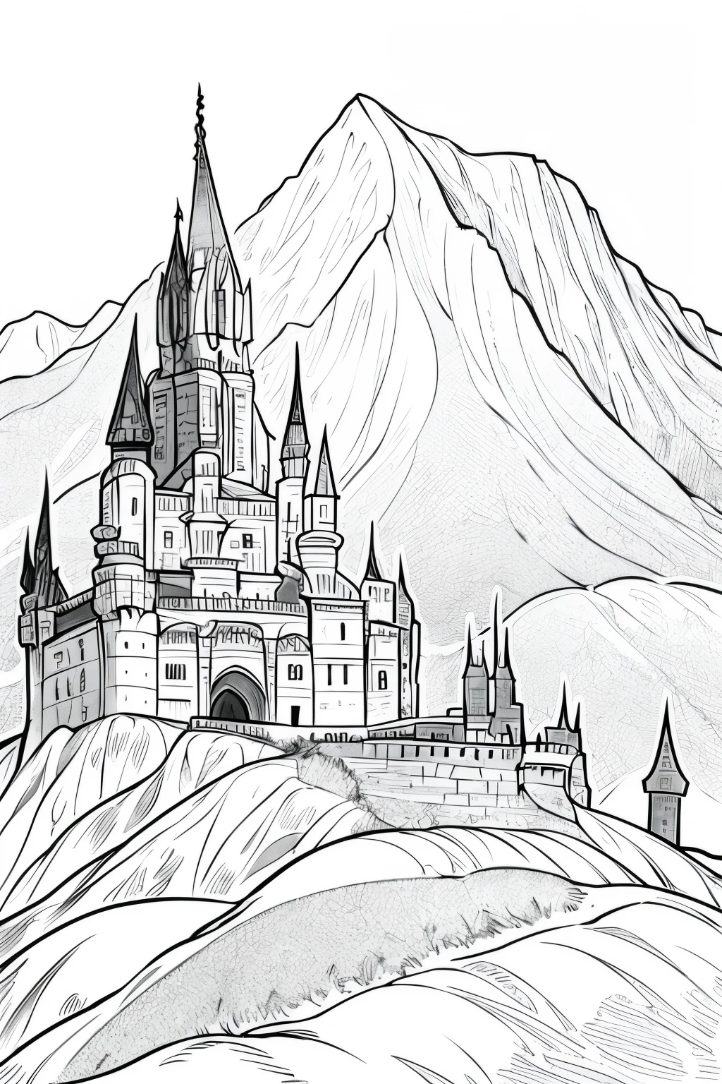 medieval dnd fantasy castle, castle on a hill, mountains in the background, very light colored grey scale