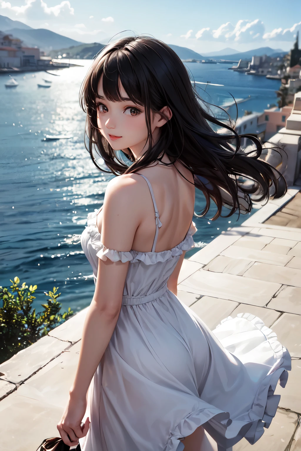 very cute and beautiful girl,,white sun dress with detailed frills,(highly detailed beautiful face),
walking slopy pathway to hilltop,(sea side Mediterranean cityscape),distant harbor,beautiful summer sky,
cowboy shot,smile,(looking back,from behind),wavy black hair,dynamic angle,looking at viewer,
(best quality,masterpiece:1.0),absurdres,highres,ultra-detailed,extremely detailed,32k,8k resolution,
intricate details,cinematic scene,detailed background,solo,dynamic angle,
natural lighting,hair fluttering in the wind,