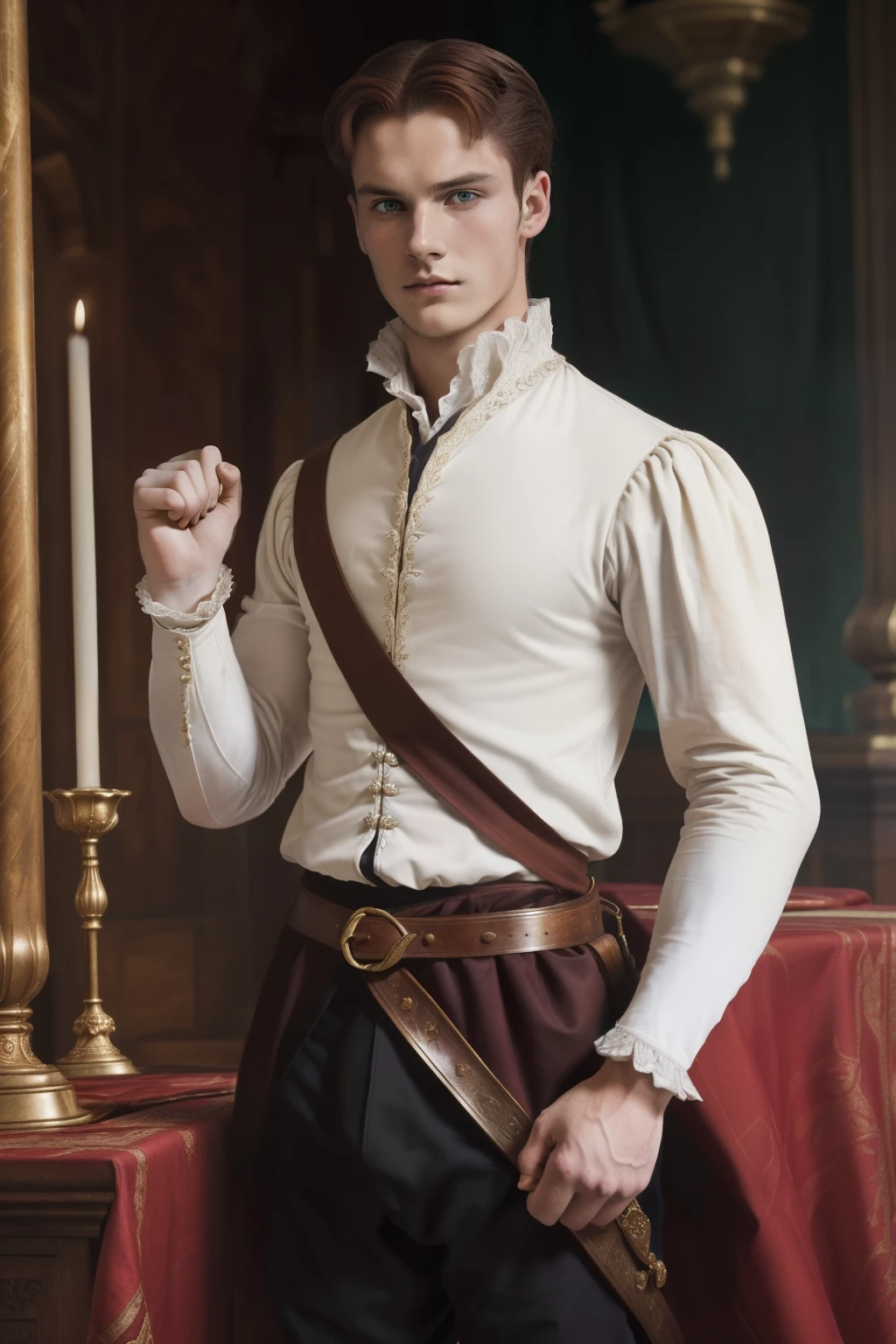 England, 1558. A young ((((22-year-old)) Rollo Fitzgerald)), handsome, intelligent, expressive eyes, graceful demeanor, in a marble palace, raised fists, ((furious expression)), ((((clothings from the 1550s)))), ((dark chestnut hairstyle of the 1550s)), colorful