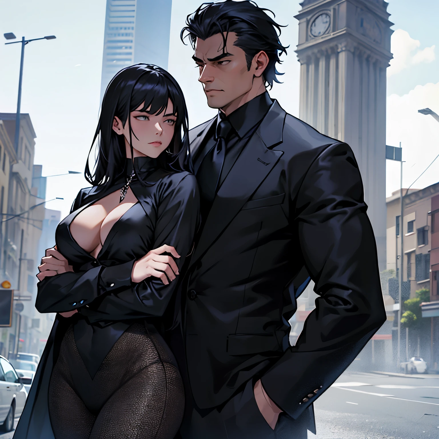 A Mafia boss clad in a black silk shirt his chest exposed, holding a woman clad in bodyguard attire. The background is all black silk.