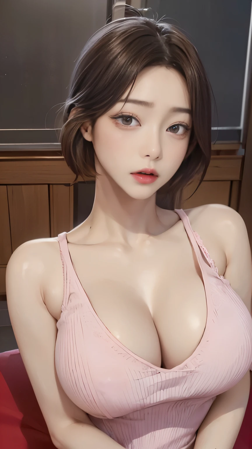 (​masterpiece:1.3), (8K, Photorealsitic, Raw photography, Top image quality: 1.4), Japan high school girls、(Random hairstyles:1.2)、cleavage of the breast:1.2、Super Detail Face、Eye of Detail、double eyelid、Bring your chest together、sharp focus:1.2、prety woman:1.4、light brown hair、top-quality、​masterpiece、超A high resolution、(Photorealsitic:1.4)、Highly detailed and professional lighting smile、Loose and light knitwear、Shoulder out、slender、serious facial expression、short-haired、Fatal position