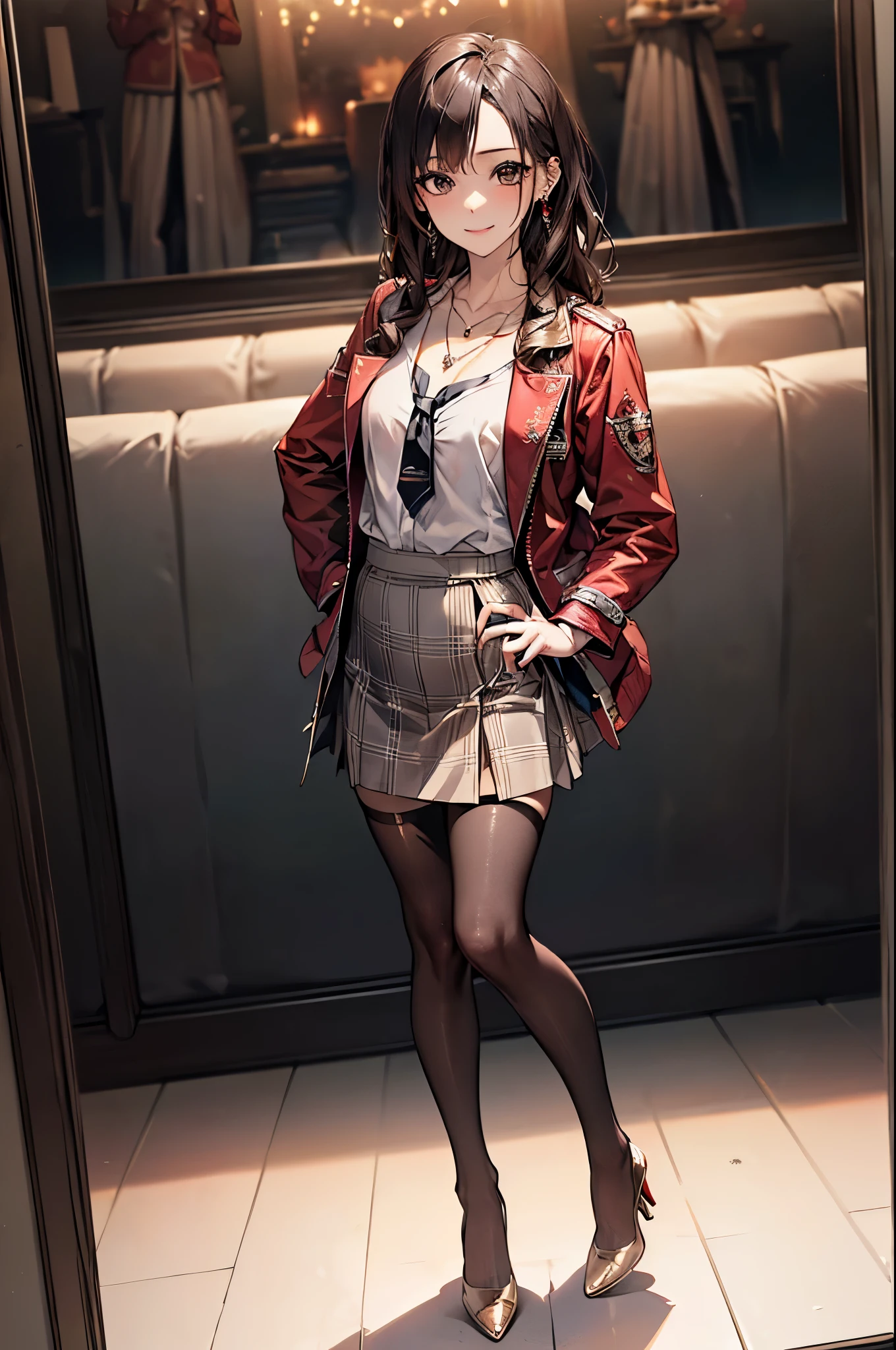 ((Biologically correct number of limbs))、(( Full body photo including face))、4K、((Standing posture))、Masterpiece、((focus on the face))、((Symmetrical facial features))、Eyes with detailed description、Beautiful woman、Outstanding style、Beautiful clavicle、Beautiful legs、Beautiful Hands、Slender Body、(Black Stockings、High heels）、Detailed depiction of faces、Small earrings、necklace、(Red Jacket、shirt、(Checked skirt))、((Close-up of face))、Sidelong glance、tie、night、(((Photo framed in white on all four sides)))、High angle、smile