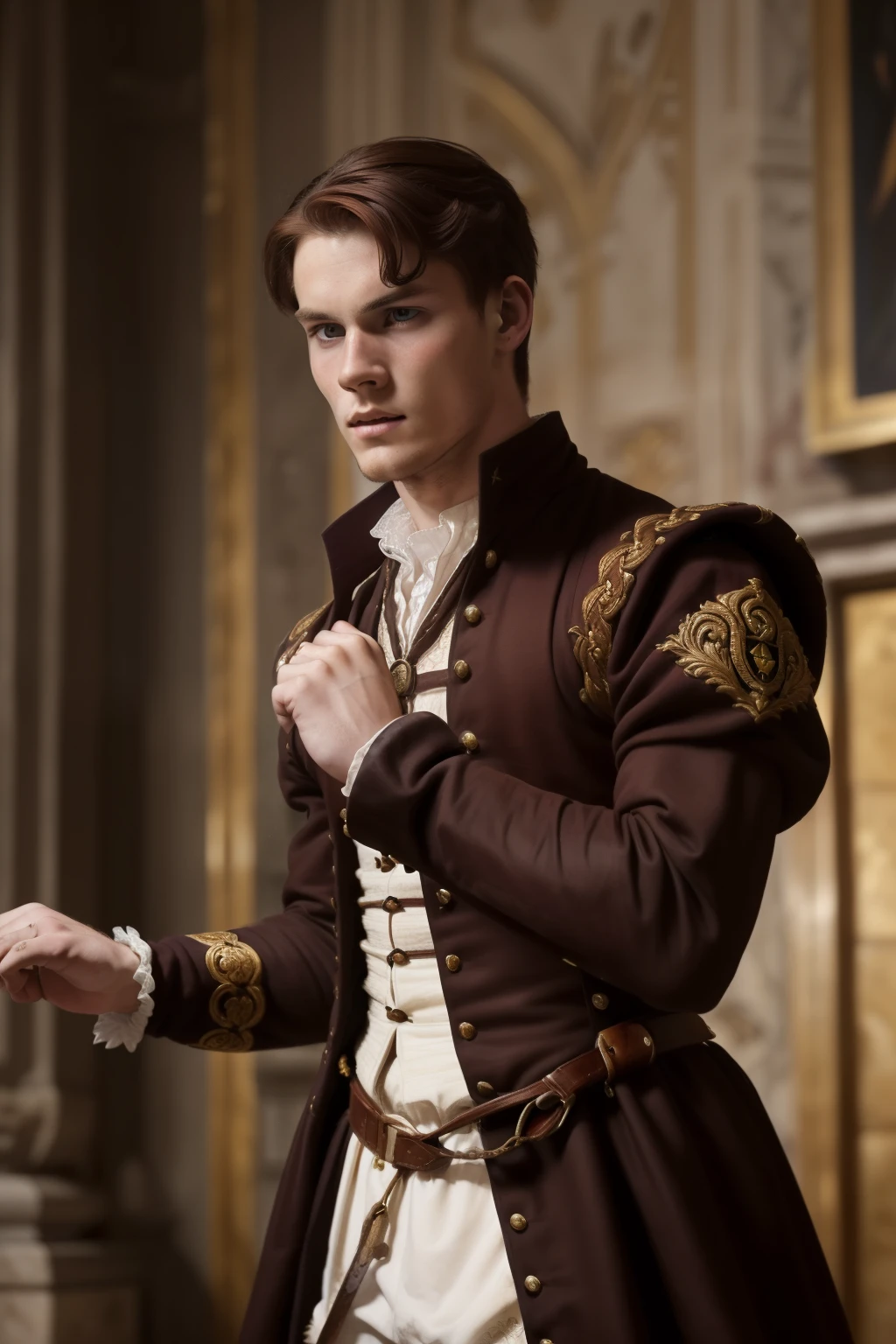 England, 1558. A young ((((22-year-old)) Rollo Fitzgerald)), handsome, intelligent, expressive eyes, graceful demeanor, in a marble palace, fight, raised fists, ((furious expression)), ((((clothings from the 1550s)))), ((dark chestnut hairstyle of the 1550s)), colorful